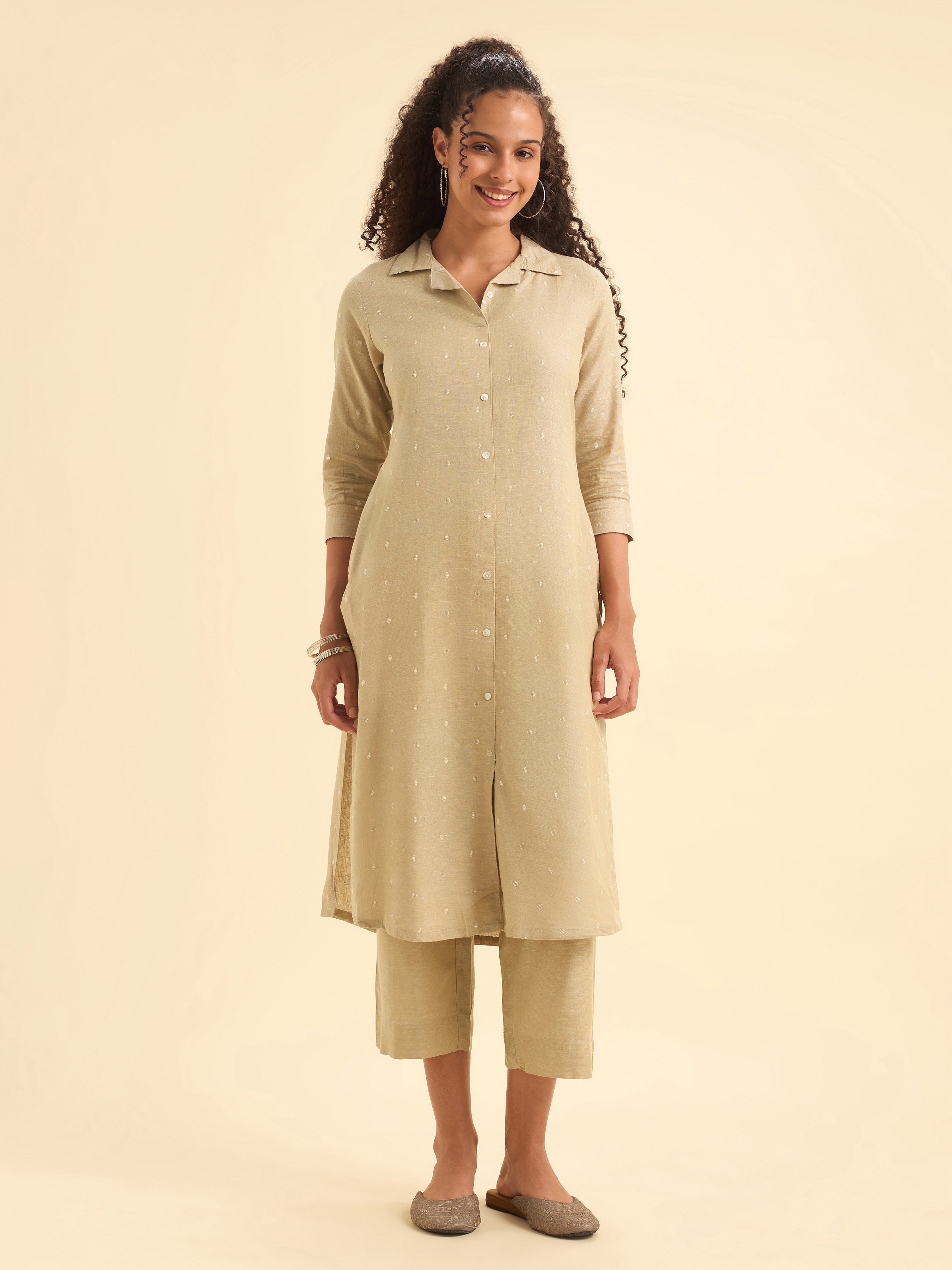 Beige Cotton Dobby Plain Slitted Kurti Set With Curved Hem Line