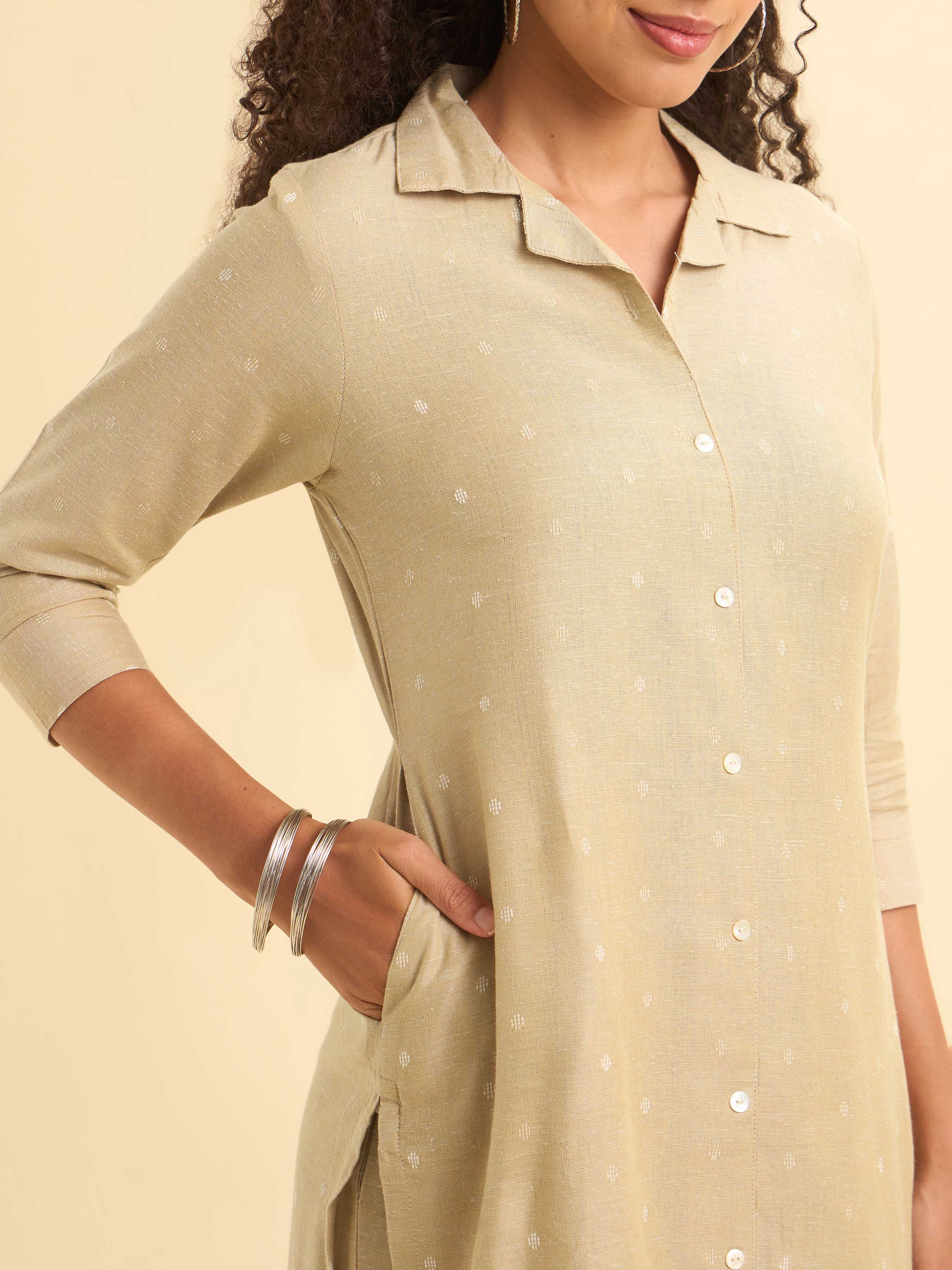 Beige Cotton Dobby Plain Slitted Kurti Set With Curved Hem Line