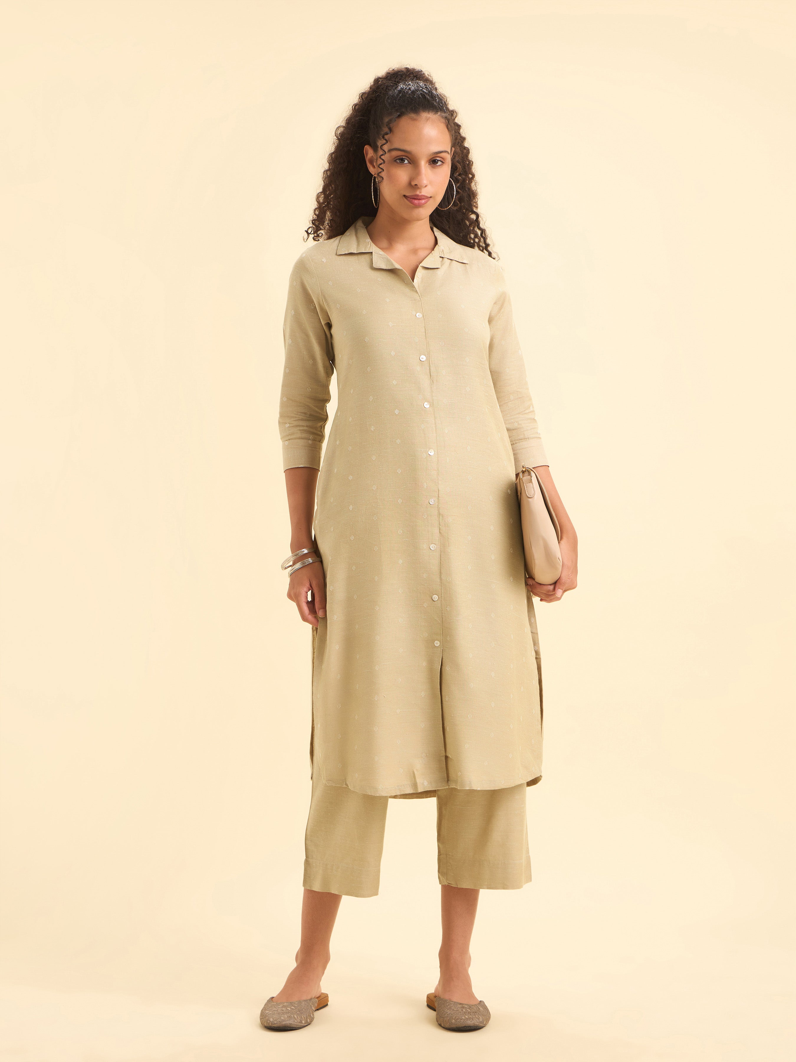 Beige Cotton Dobby Plain Slitted Kurti Set With Curved Hem Line