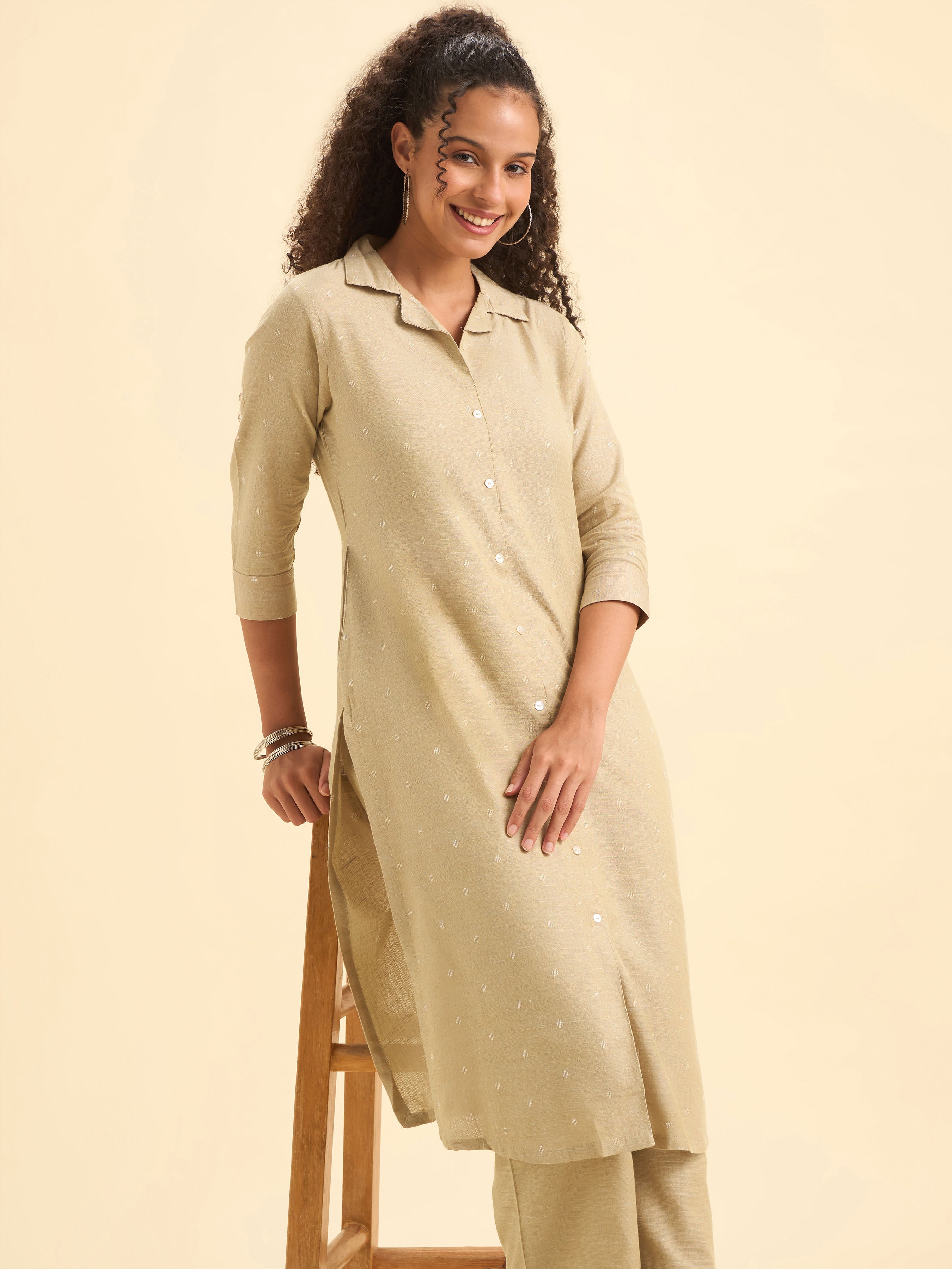 Beige Cotton Dobby Plain Slitted Kurti Set With Curved Hem Line