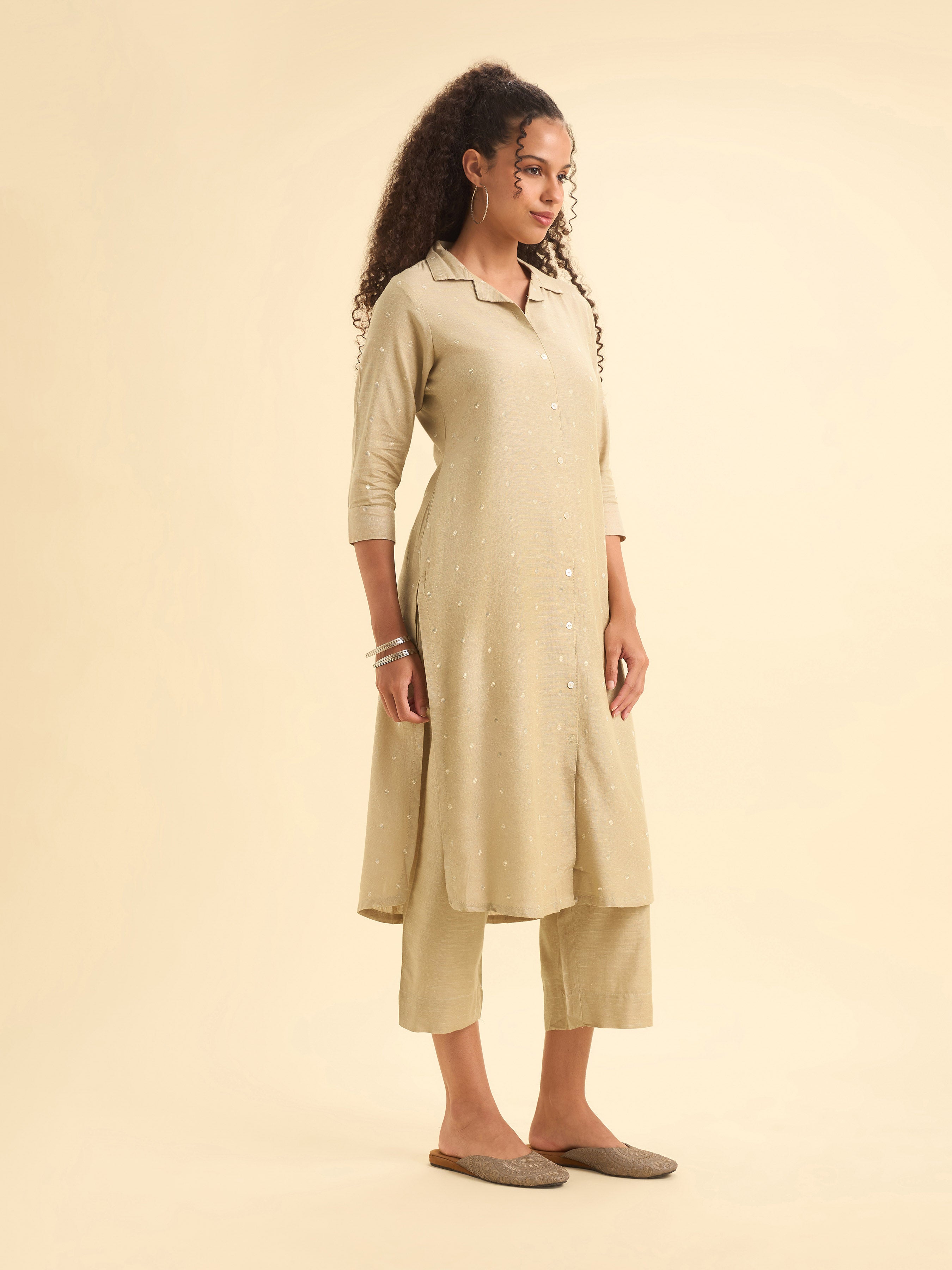 Beige Cotton Dobby Plain Slitted Kurti Set With Curved Hem Line