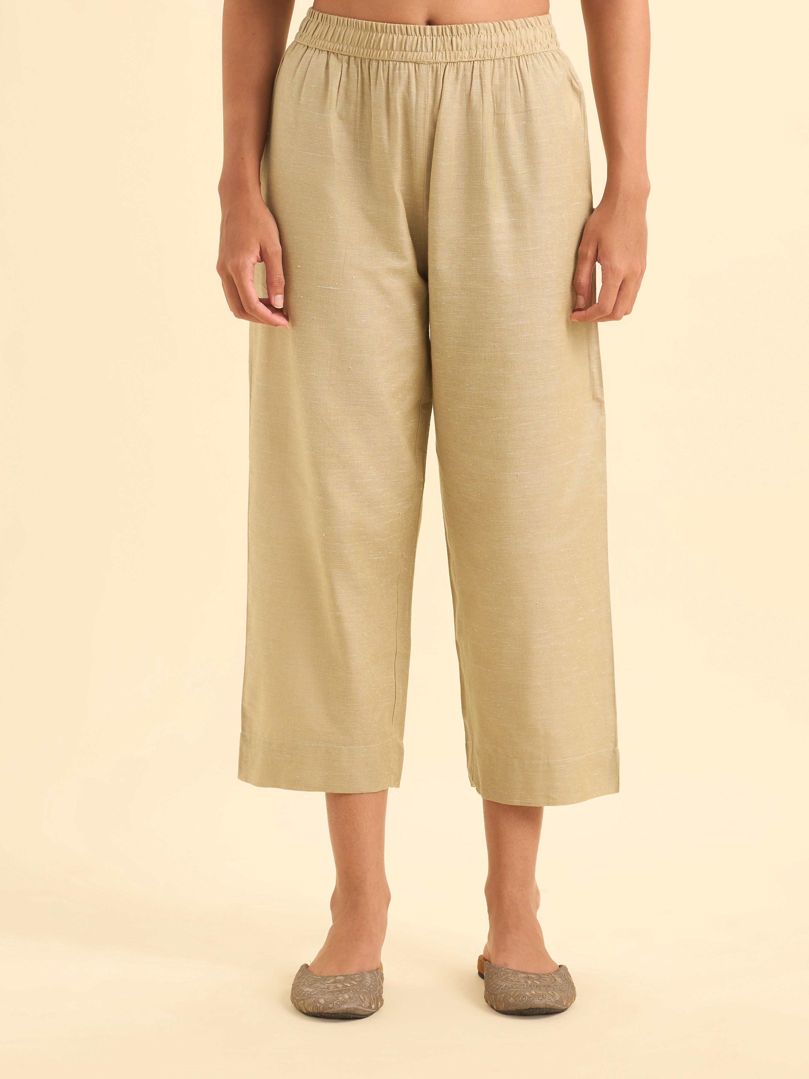 Beige Cotton Dobby Plain Slitted Kurti Set With Curved Hem Line