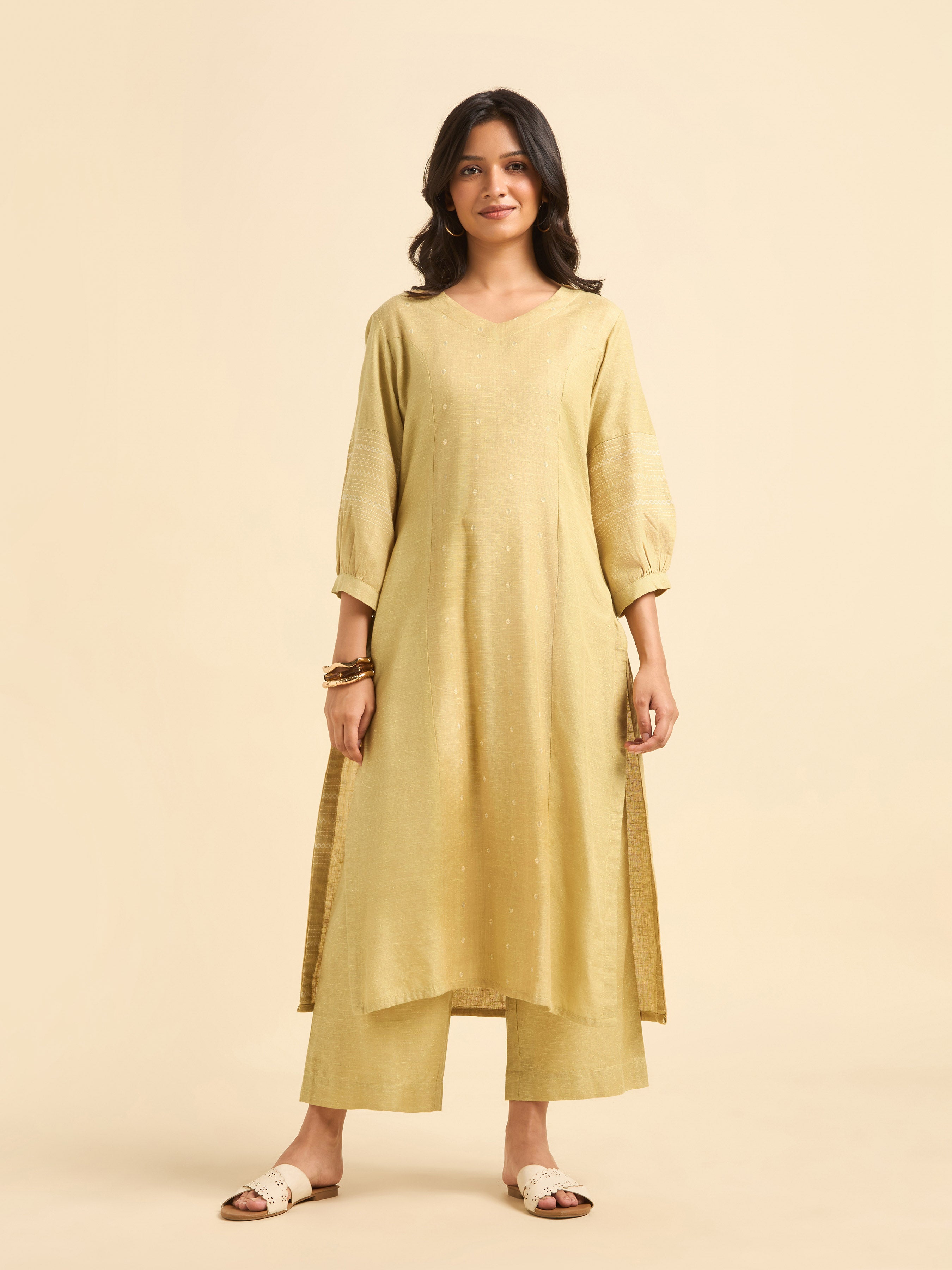 Yellow White Cotton Dobby Plain Princesscut Kurti Set With Back Yoke