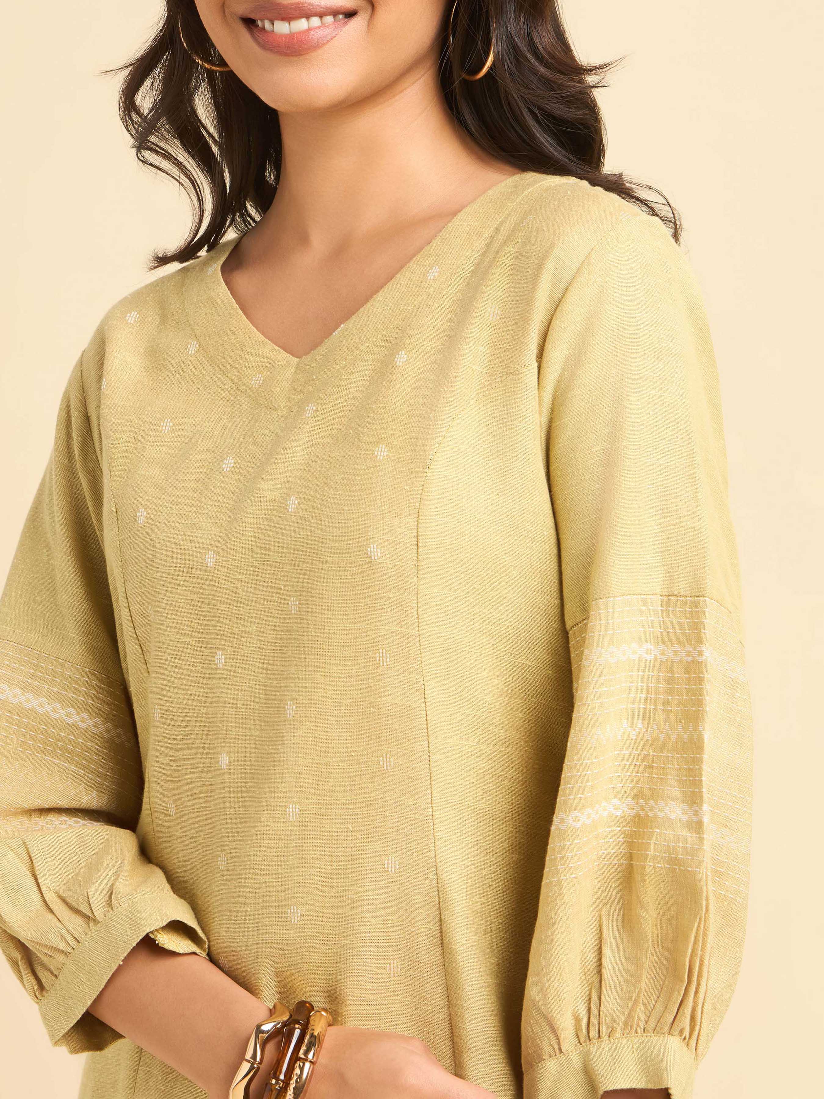 Yellow White Cotton Dobby Plain Princesscut Kurti Set With Back Yoke