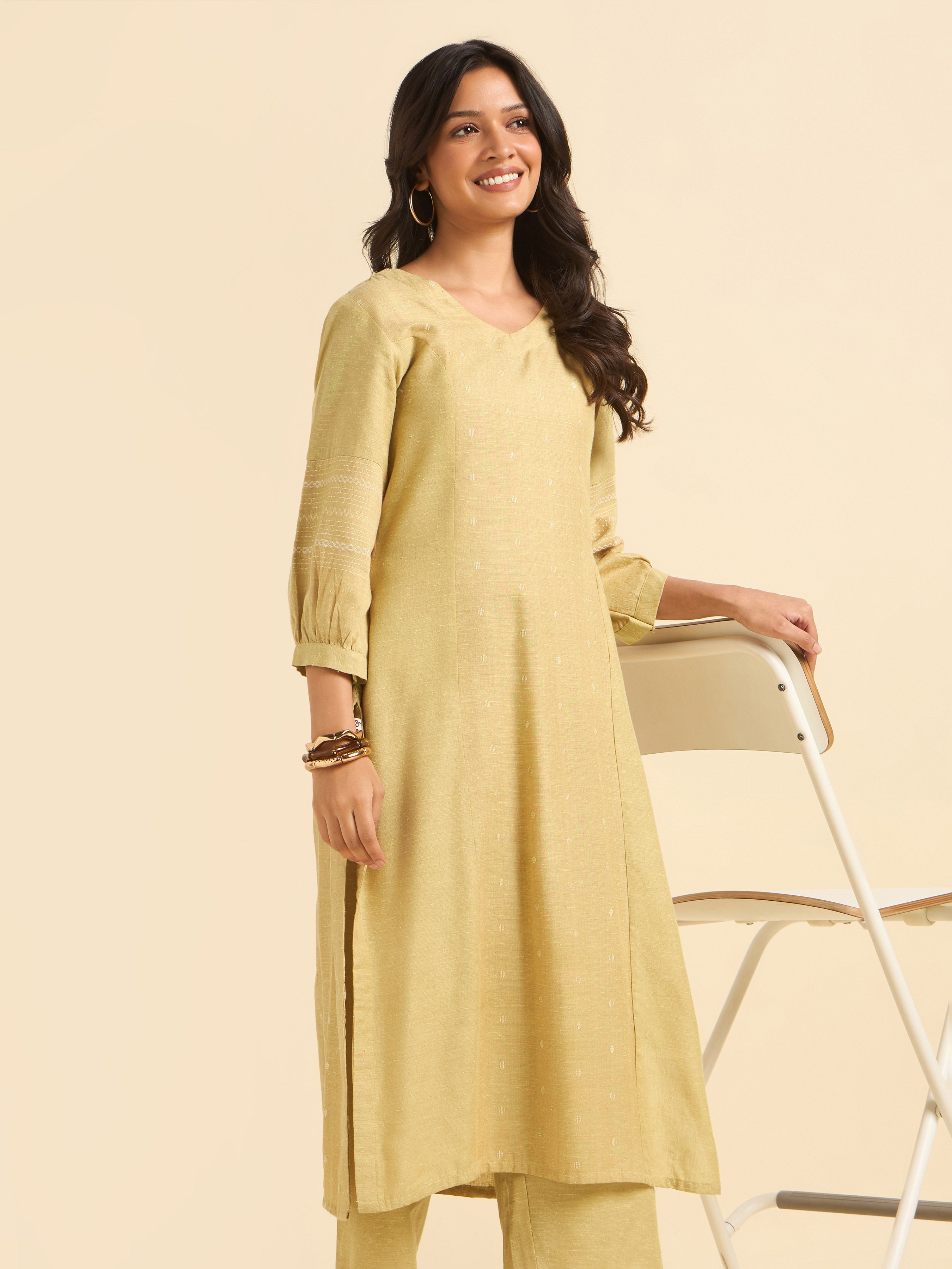 Yellow White Cotton Dobby Plain Princesscut Kurti Set With Back Yoke