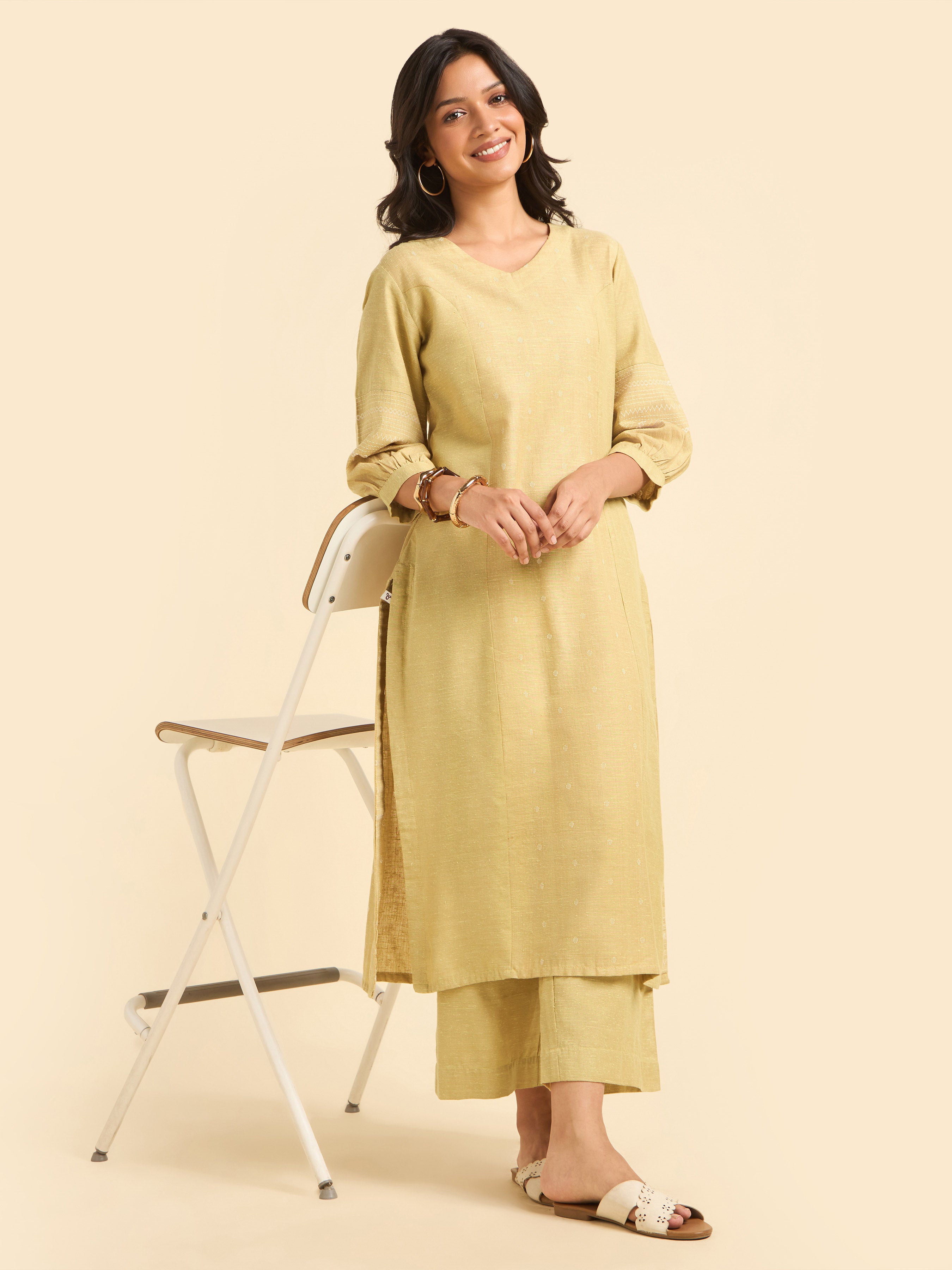 Yellow White Cotton Dobby Plain Princesscut Kurti Set With Back Yoke