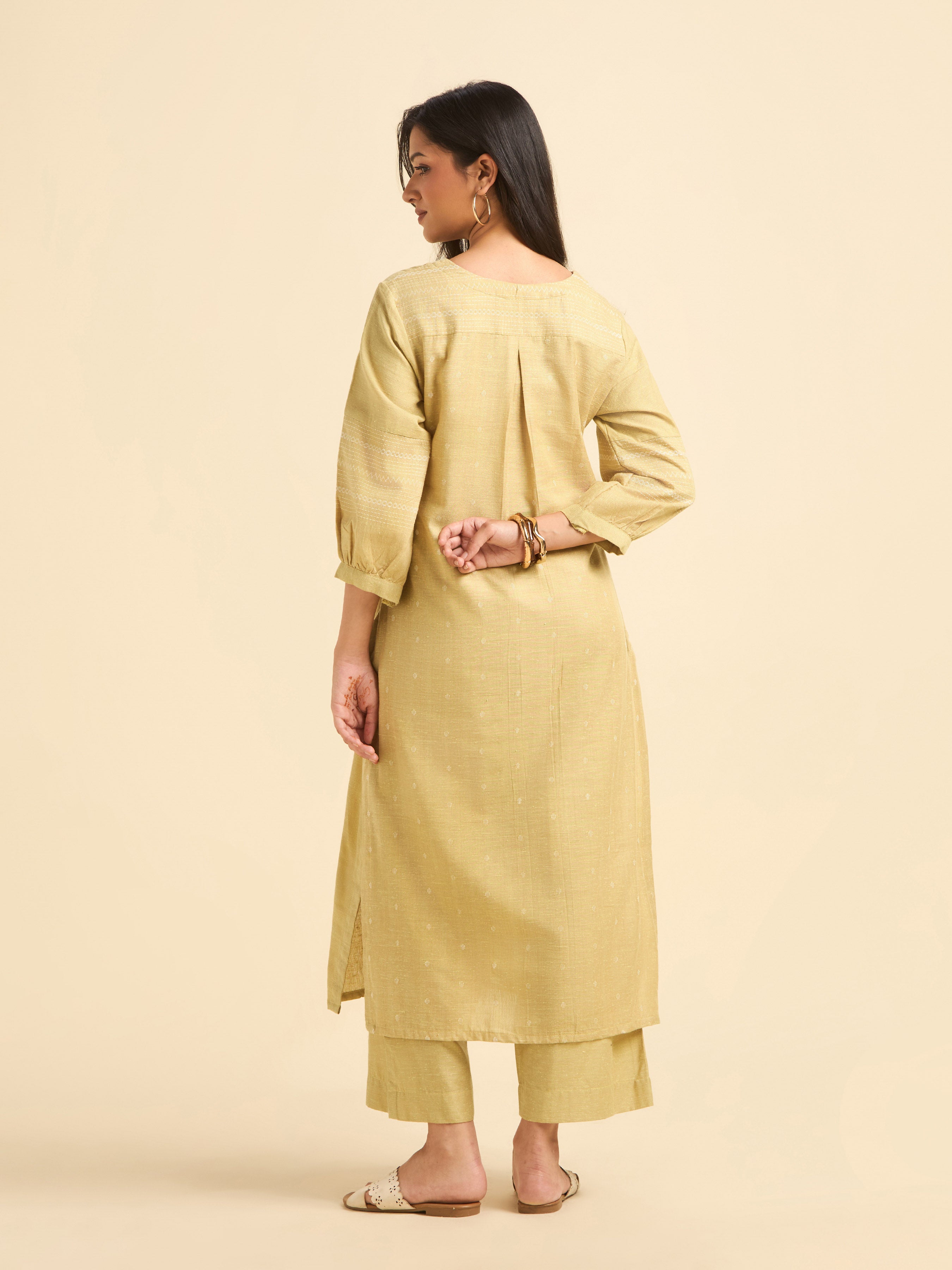 Yellow White Cotton Dobby Plain Princesscut Kurti Set With Back Yoke