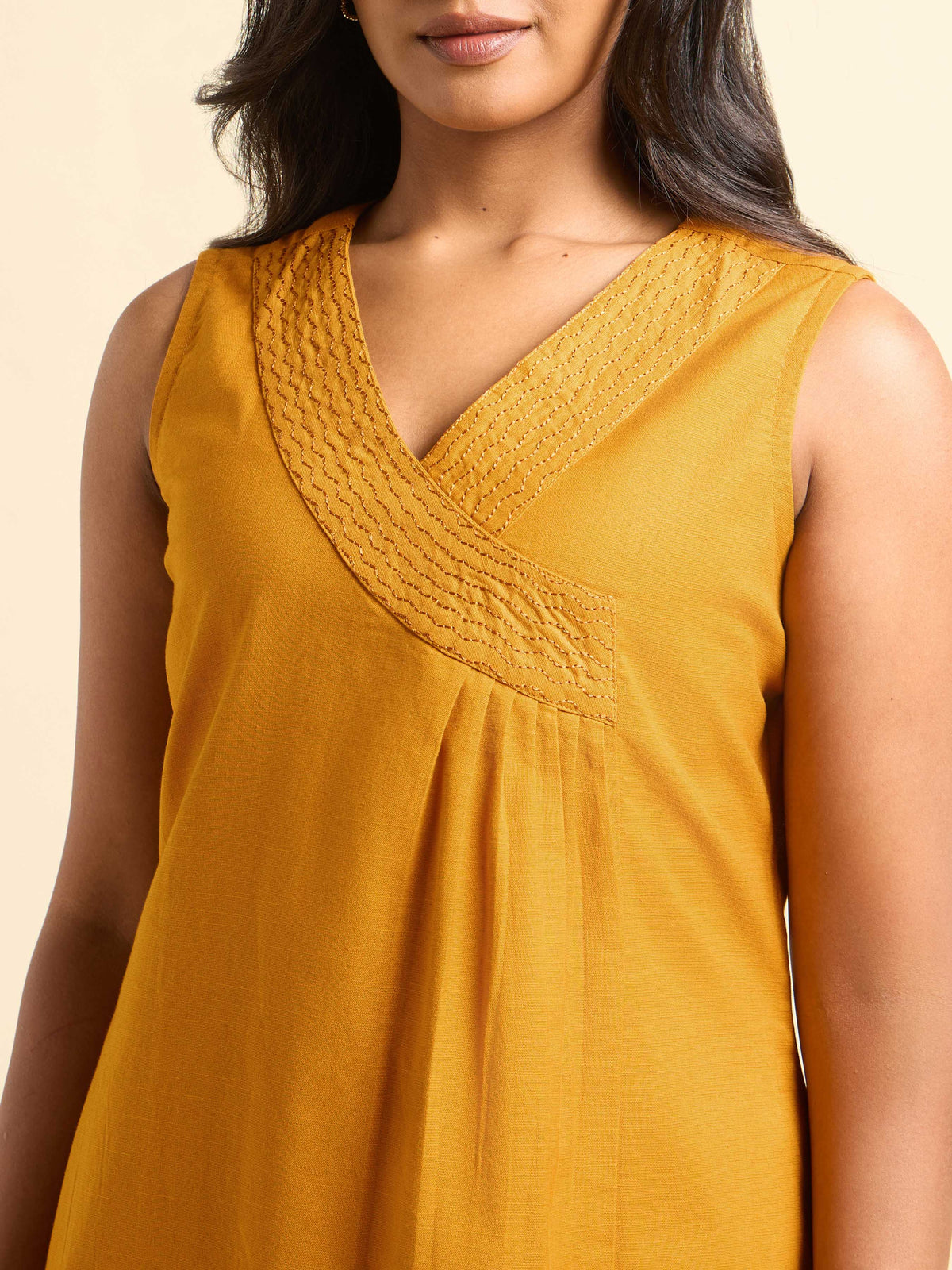 Mustard Yellow Cotton Flax Slub Plain  Flared Angrakha Cut Kurti Set With Embroidery