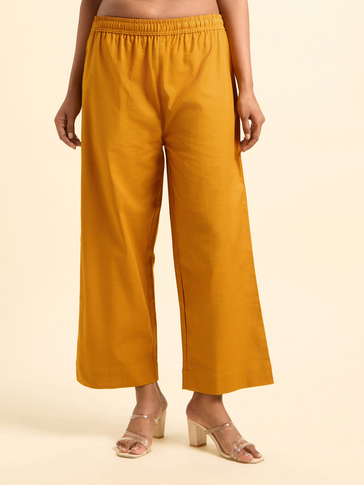 Mustard Yellow Cotton Flax Slub Plain  Flared Angrakha Cut Kurti Set With Embroidery