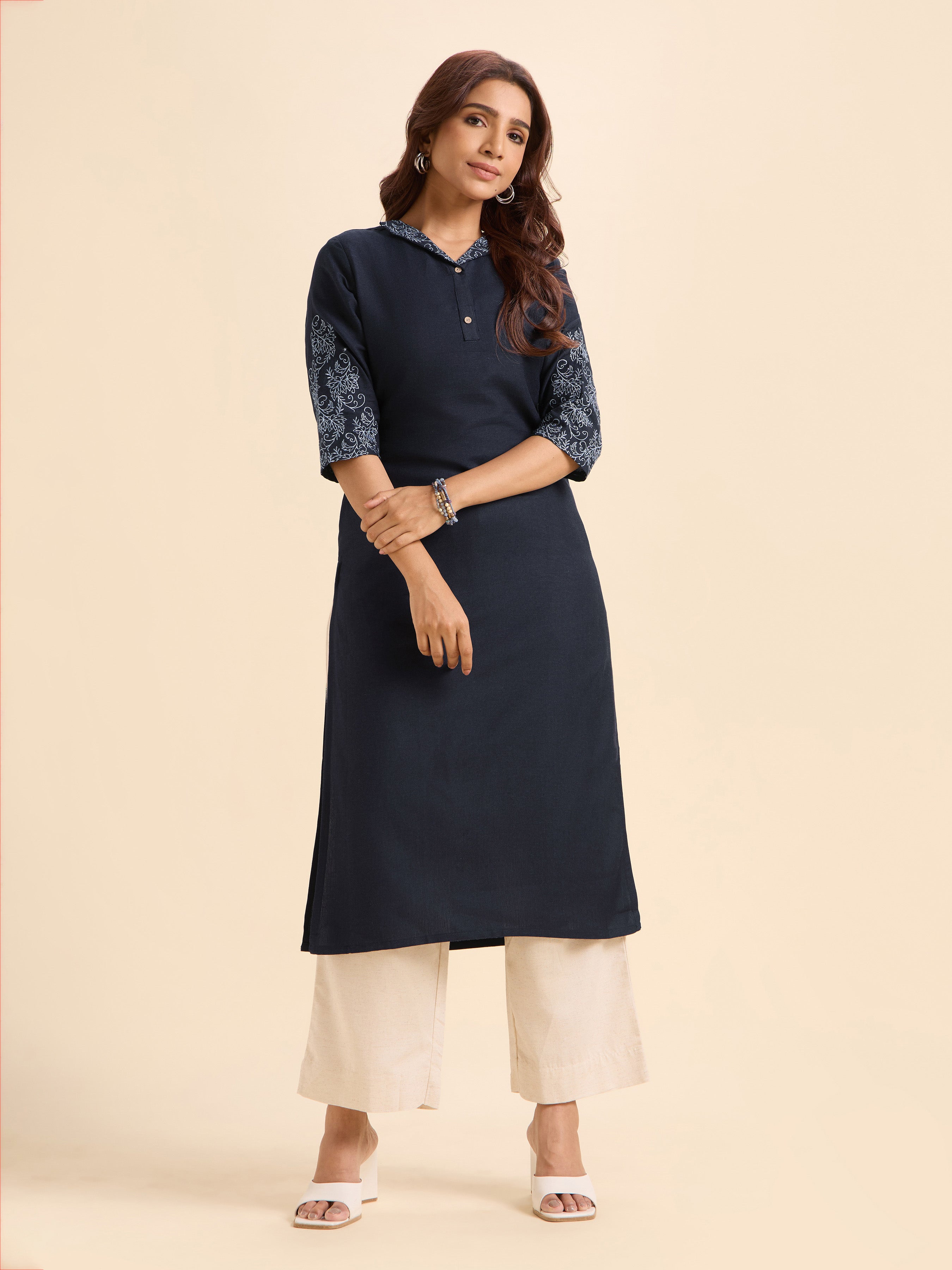 Navy Blue Cotton Flax Plain Slitted Kurti With Embroidery