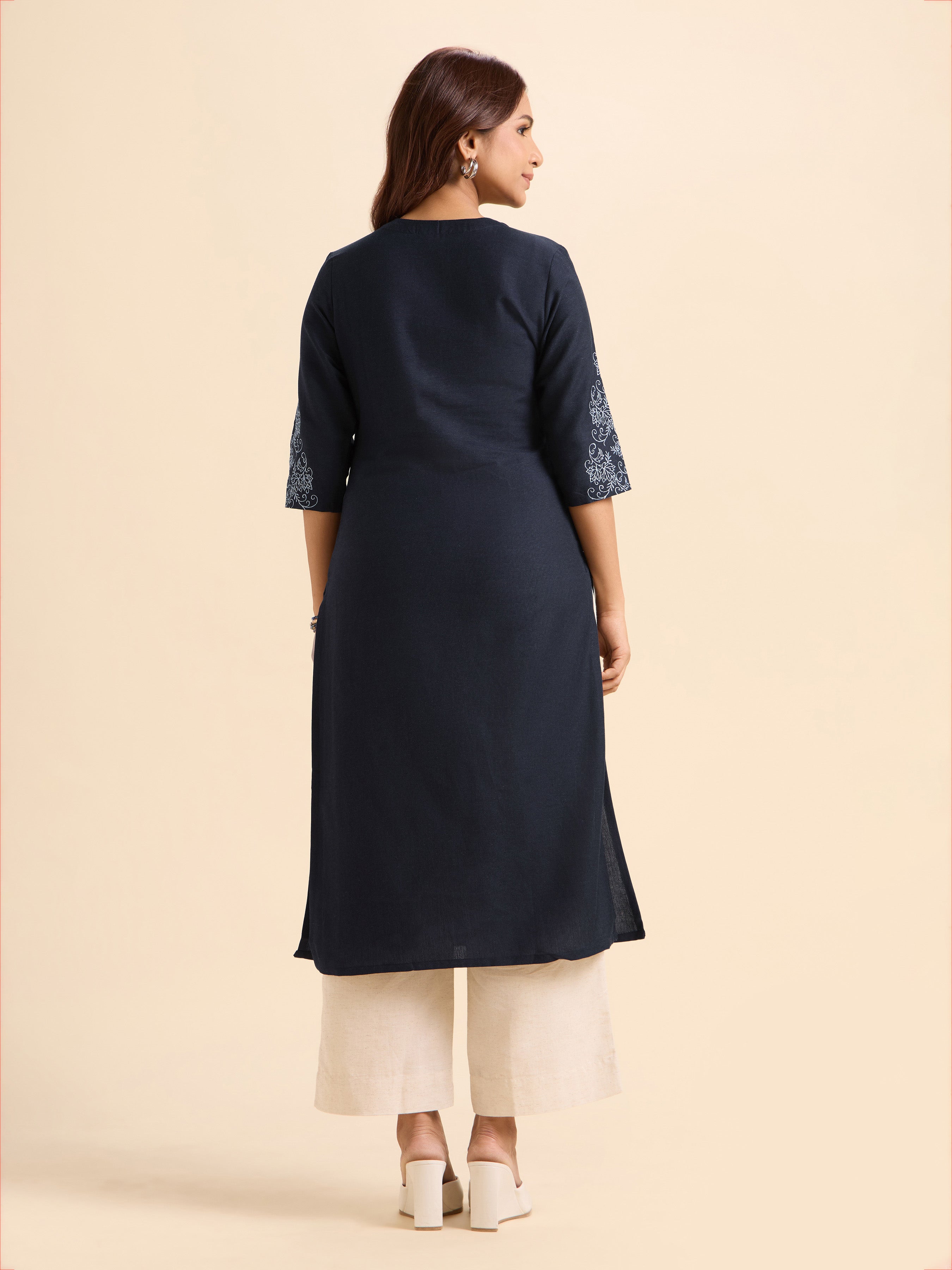 Navy Blue Cotton Flax Plain Slitted Kurti With Embroidery