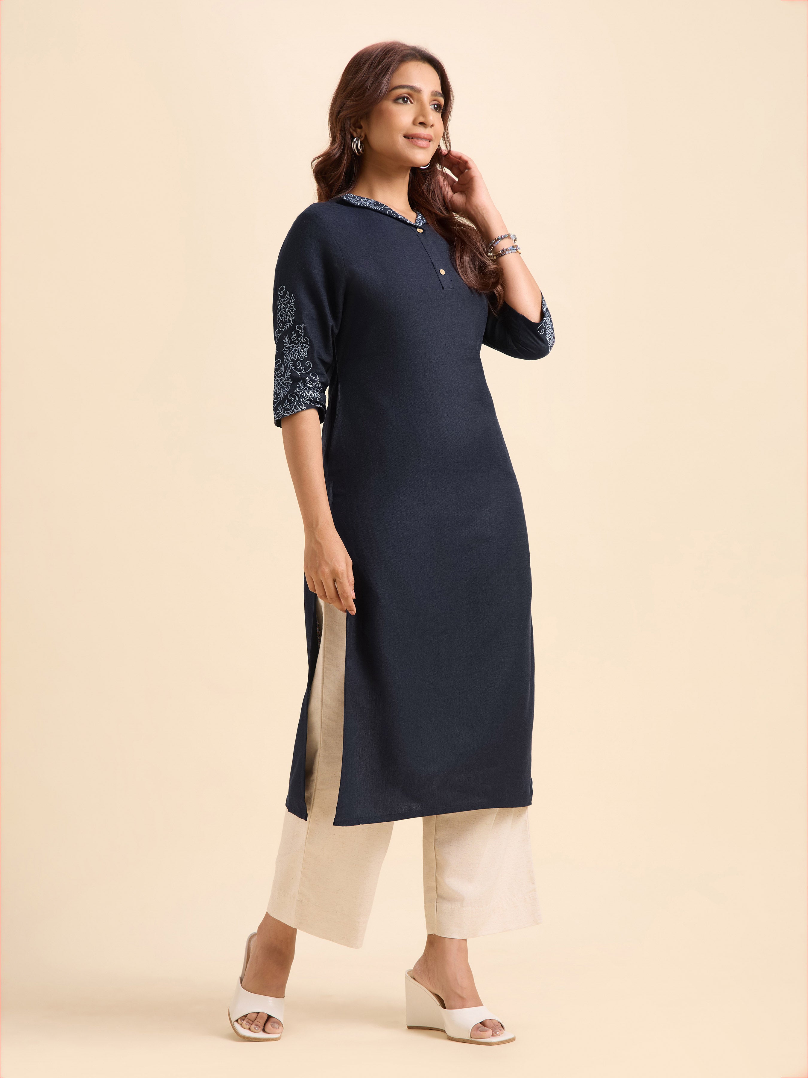 Navy Blue Cotton Flax Plain Slitted Kurti With Embroidery