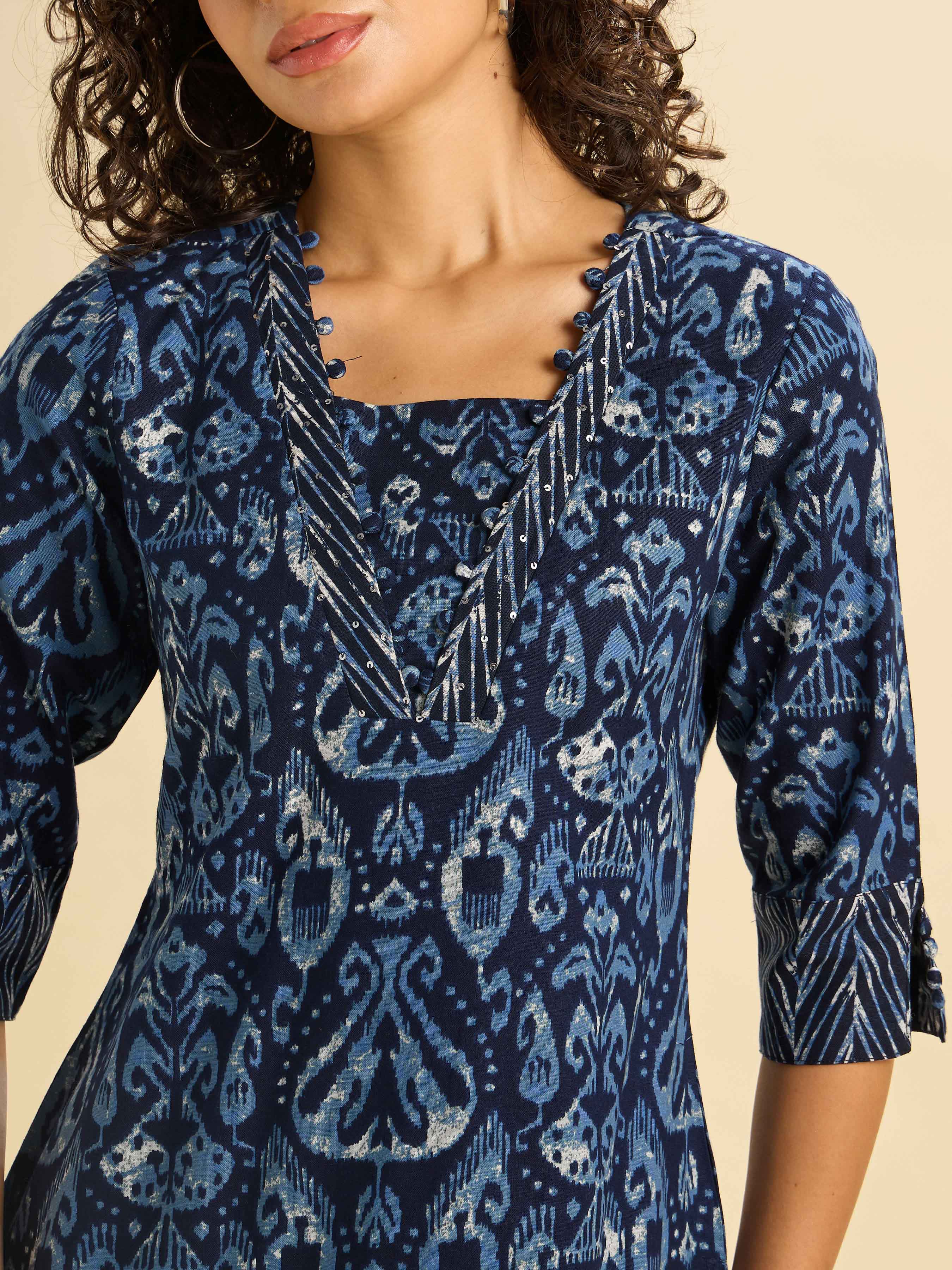 Navy Blue Cotton Flax Printed Slited Kurti Set With Sequins Work