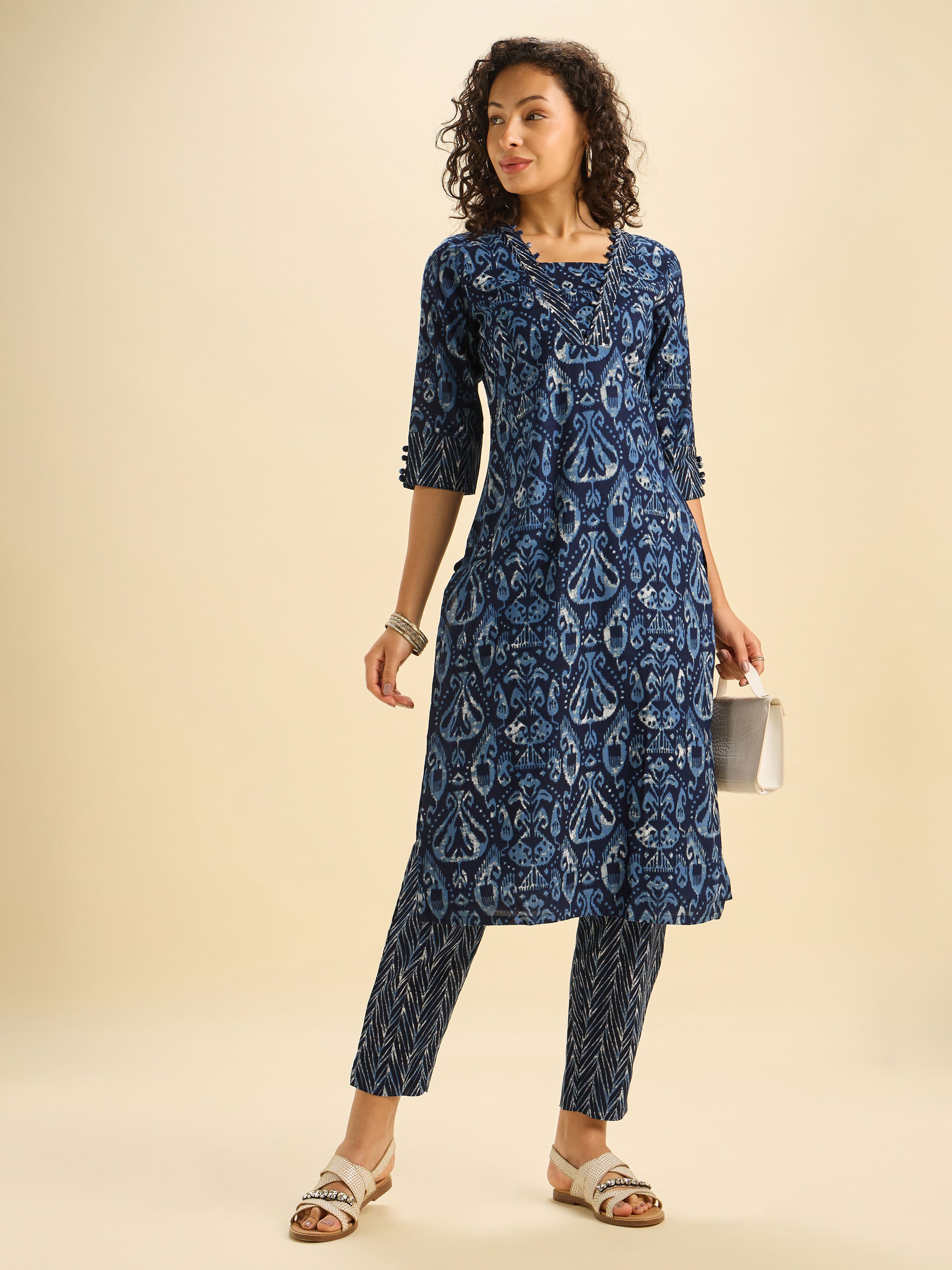Navy Blue Cotton Flax Printed Slited Kurti Set With Sequins Work