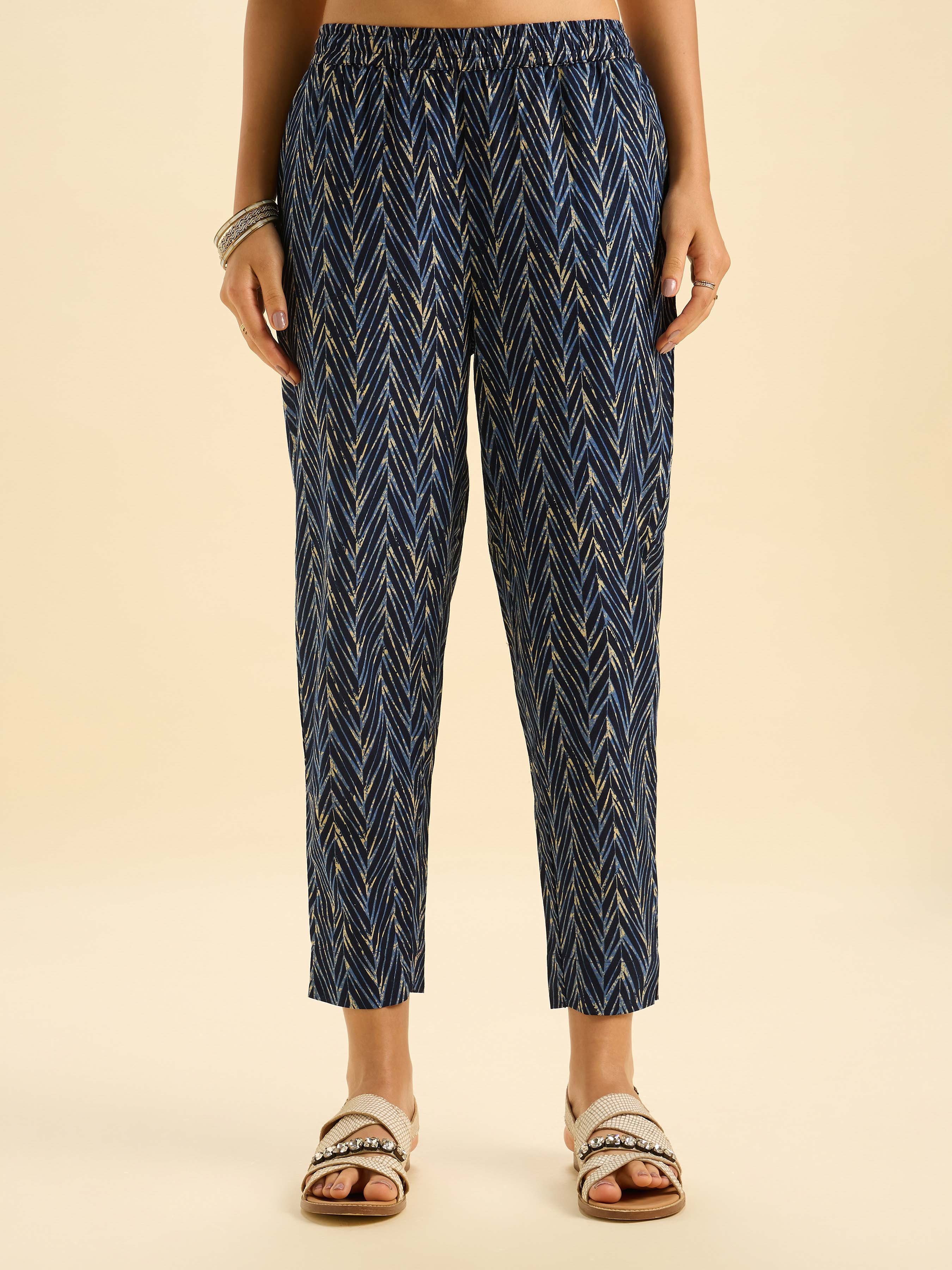 Navy Blue Cotton Flax Printed Slited Kurti Set With Sequins Work