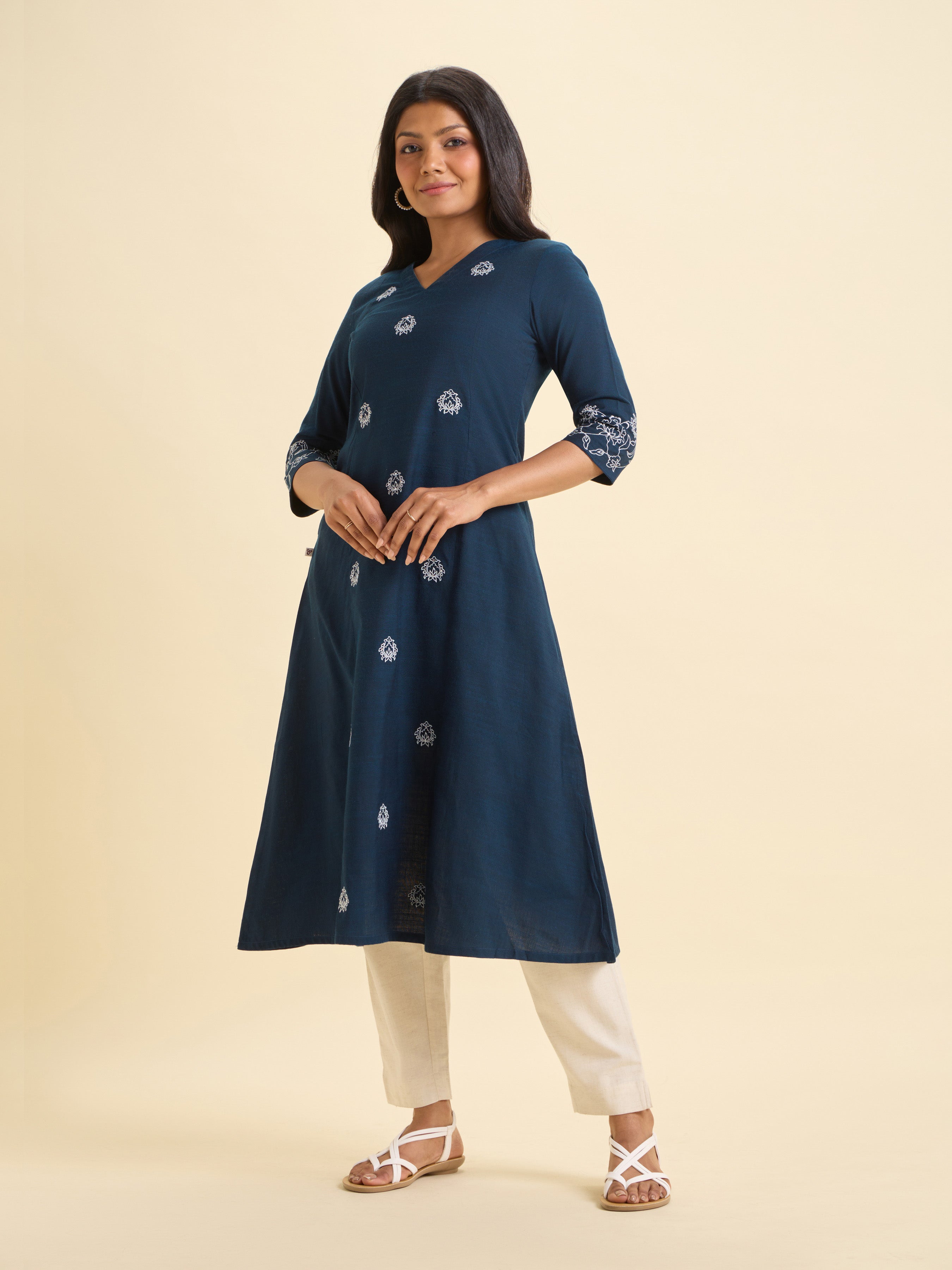 Navy Blue Cotton Viscose Slub Plain Flared Kurti With Sequins Embroidery