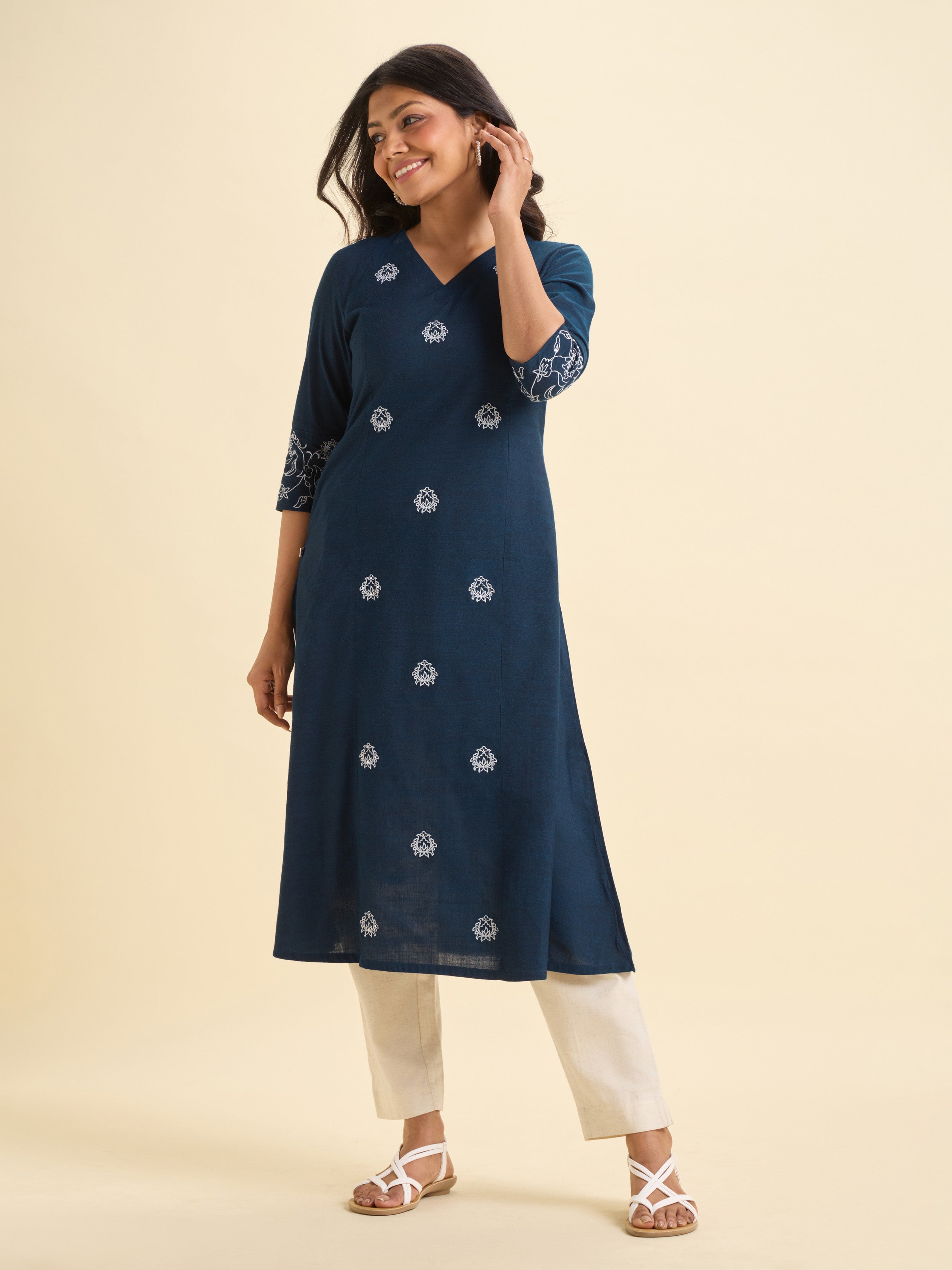 Navy Blue Cotton Viscose Slub Plain Flared Kurti With Sequins Embroidery