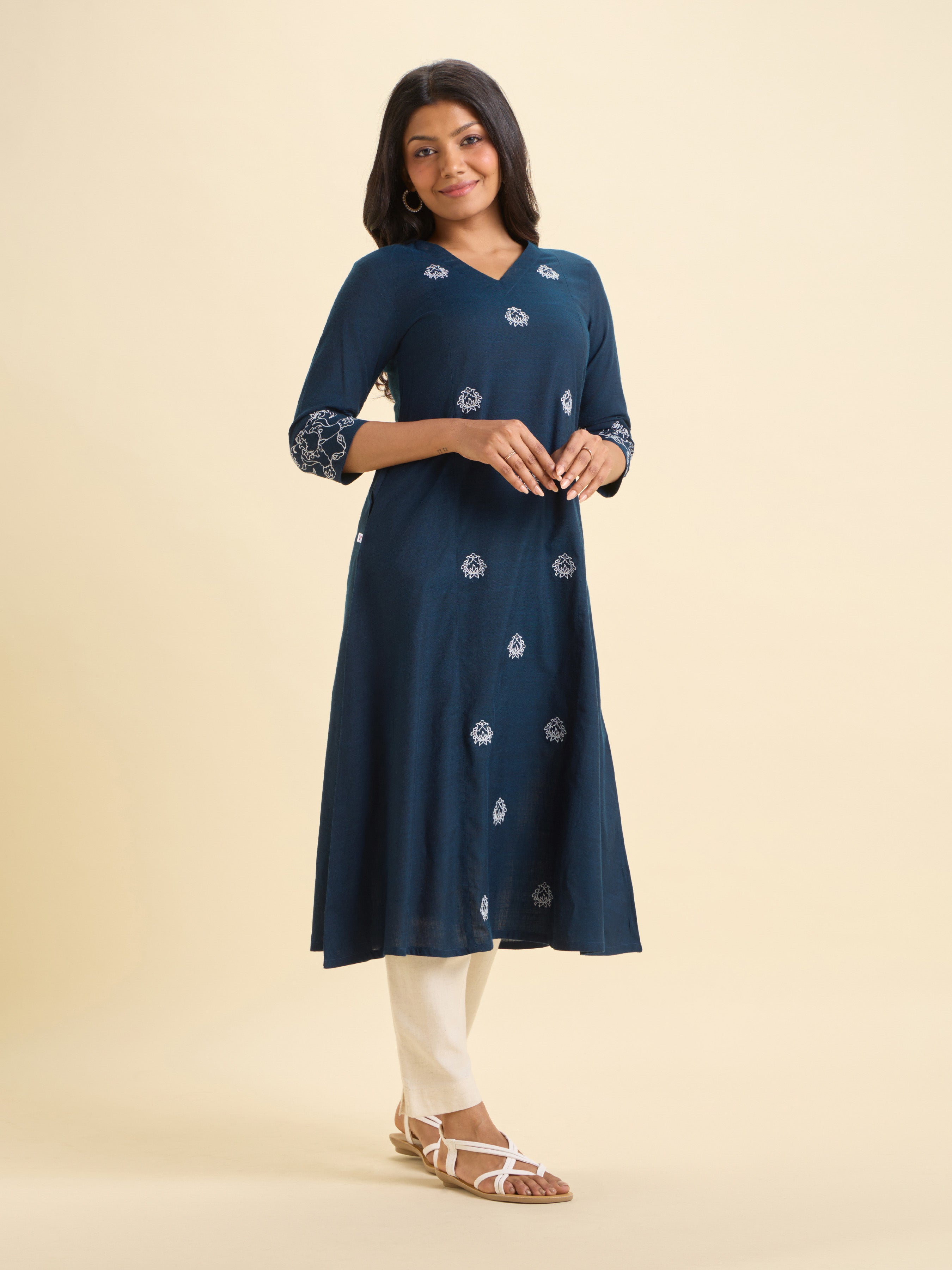 Navy Blue Cotton Viscose Slub Plain Flared Kurti With Sequins Embroidery