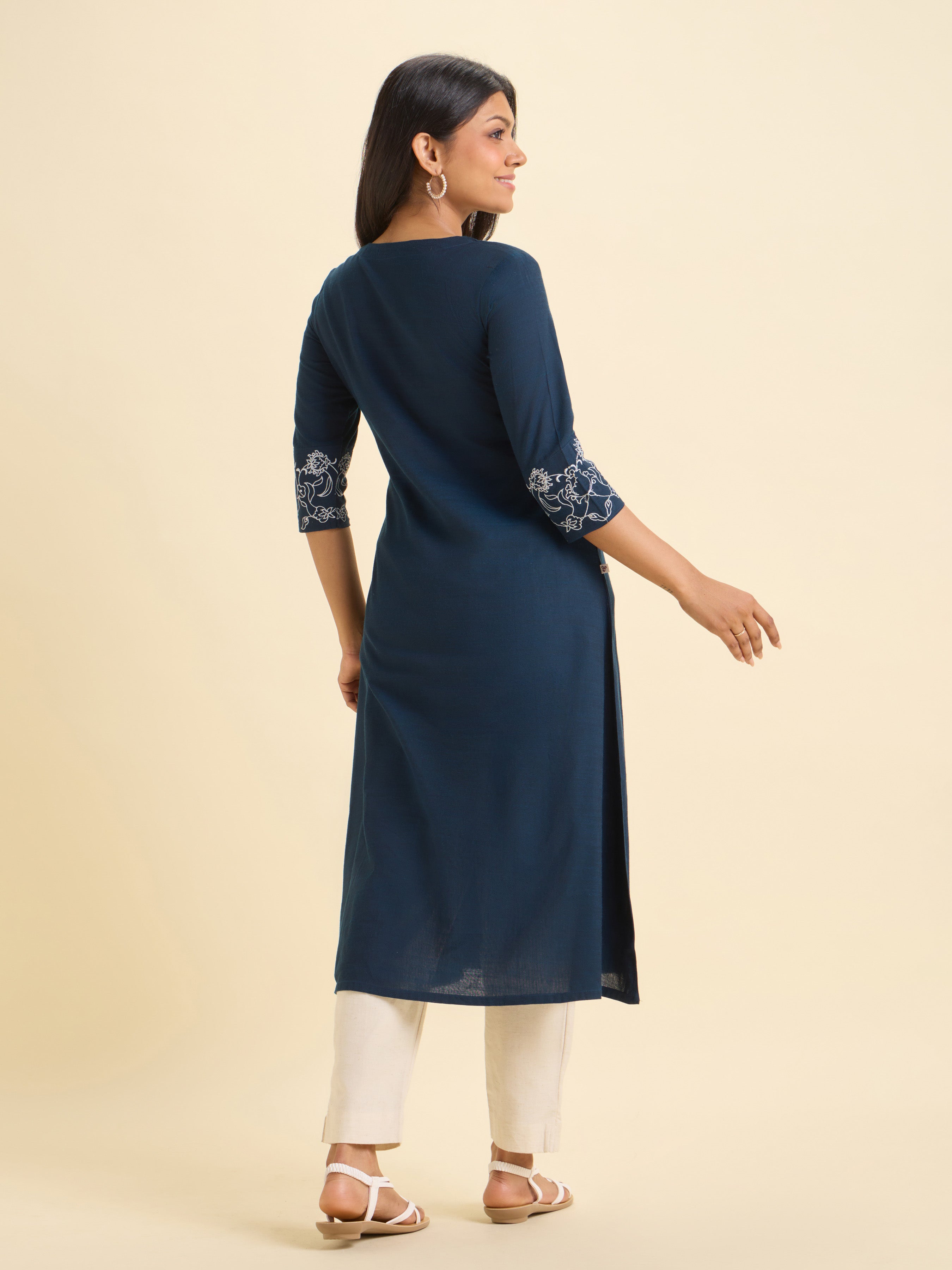 Navy Blue Cotton Viscose Slub Plain Flared Kurti With Sequins Embroidery