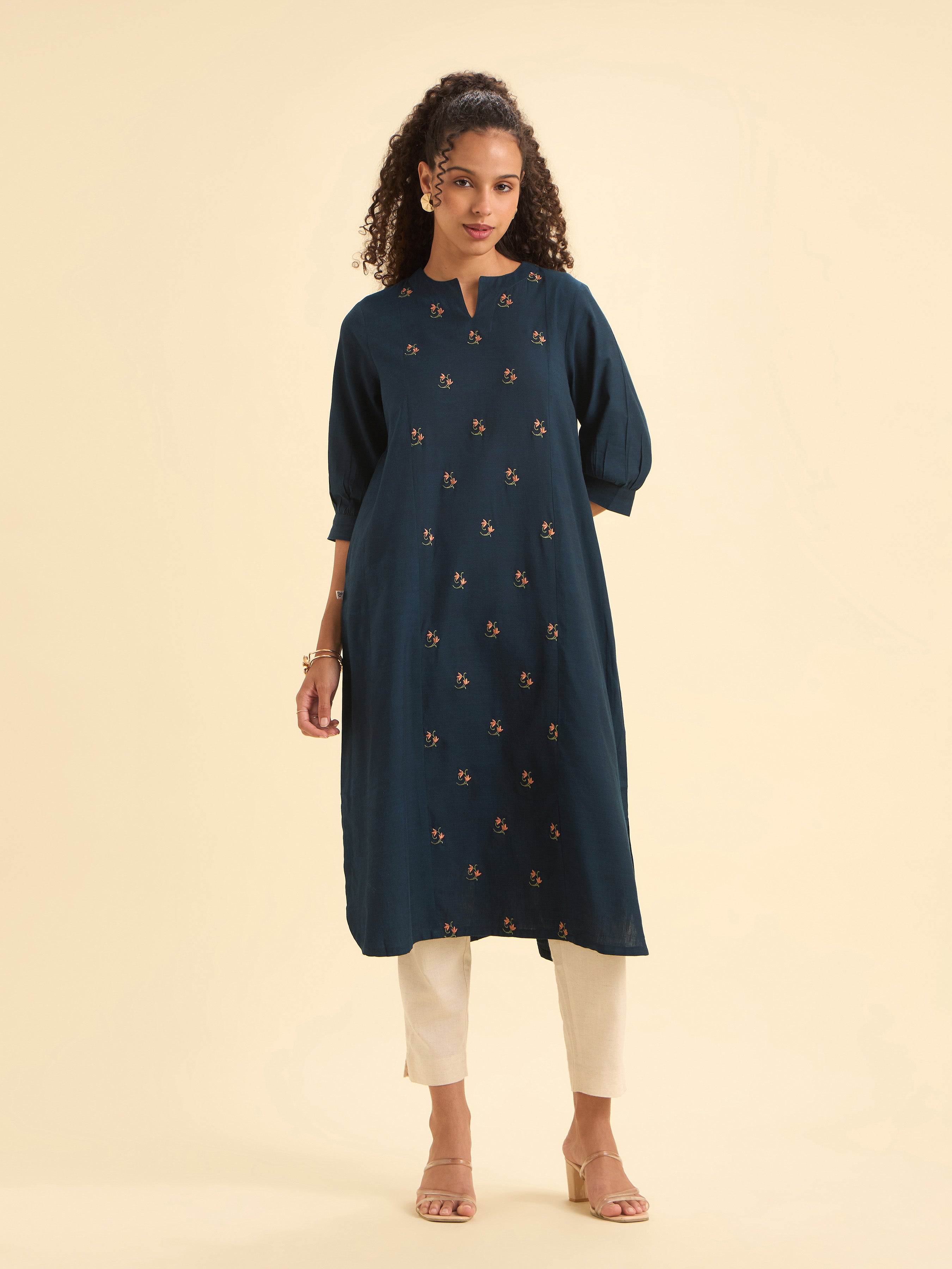 Navy Blue Cotton Viscose Slub Plain Flared Kurti With Curved Hem And Embroidery