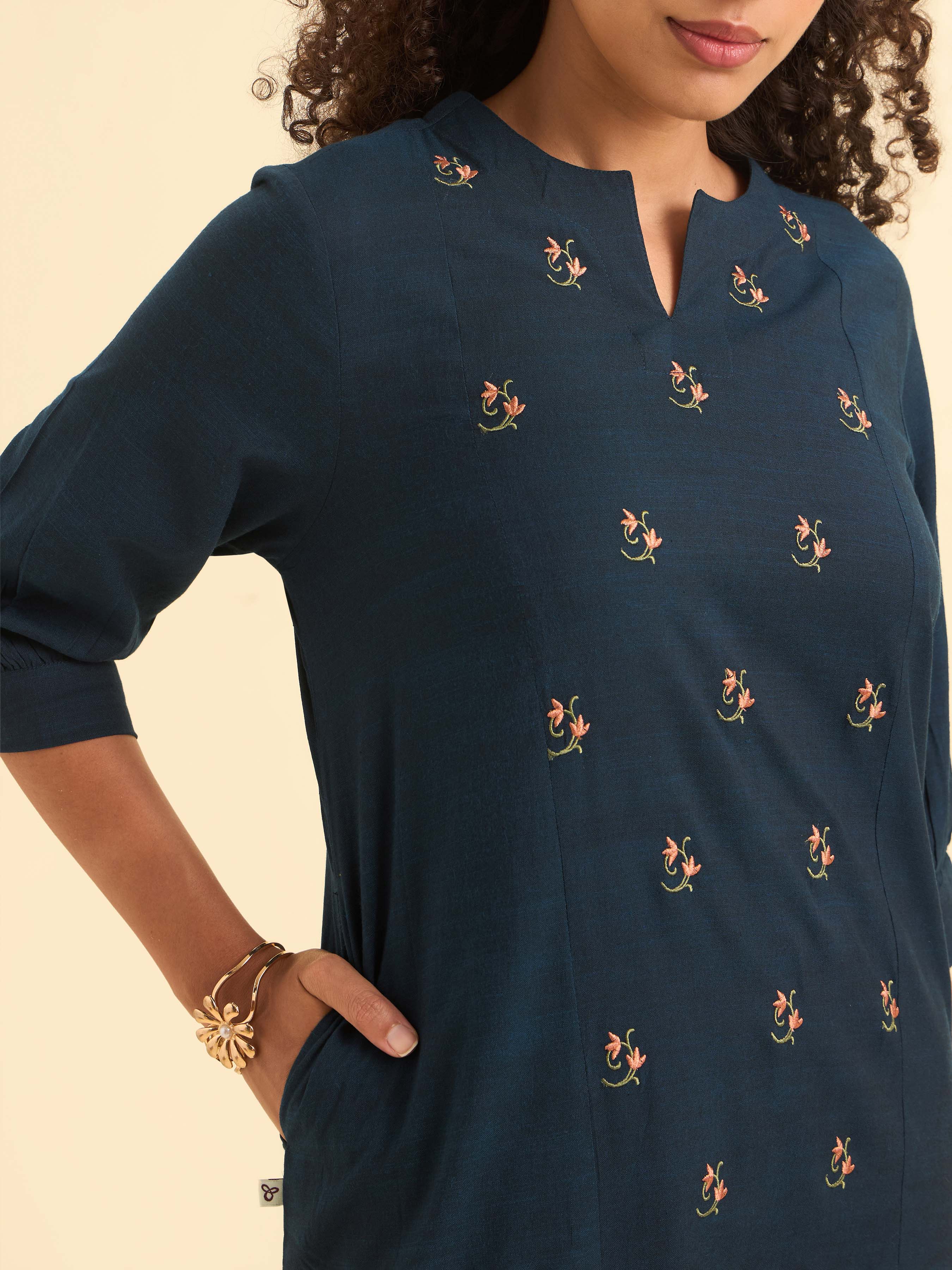 Navy Blue Cotton Viscose Slub Plain Flared Kurti With Curved Hem And Embroidery