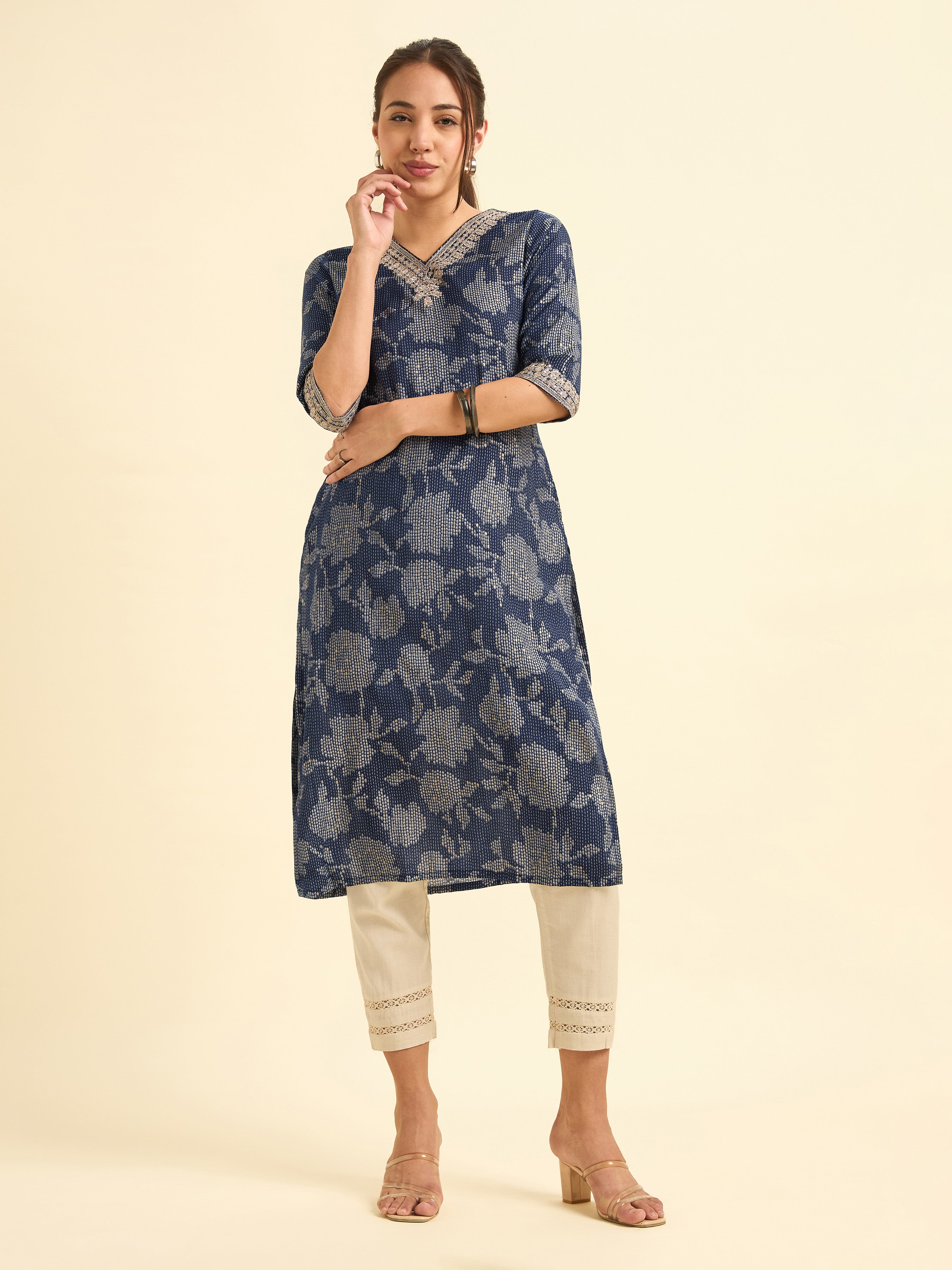 Navy Blue Modal Chanderi Printed Slitted Kurti With Embroidery & Sequins Work