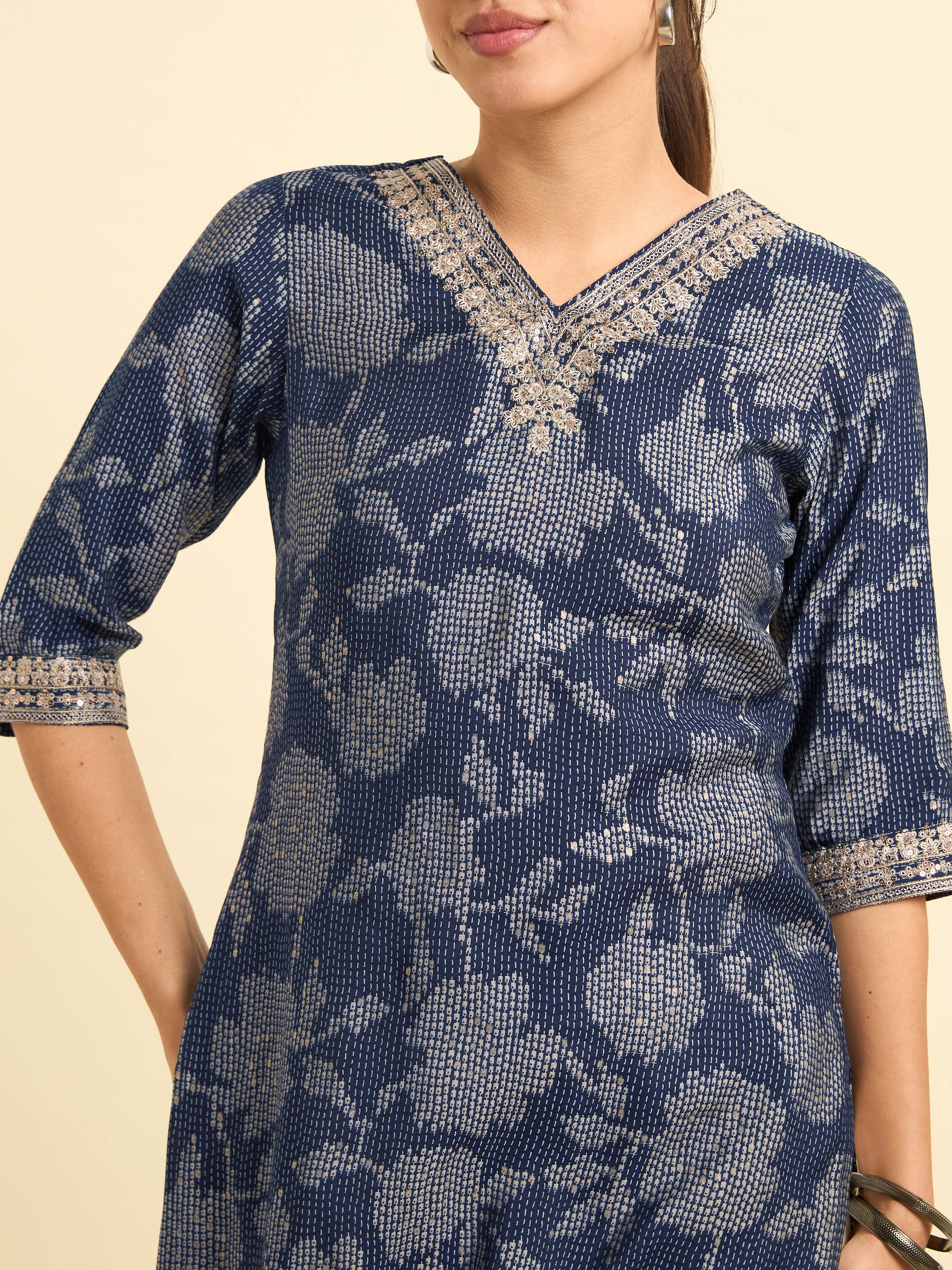 Navy Blue Modal Chanderi Printed Slitted Kurti With Embroidery & Sequins Work