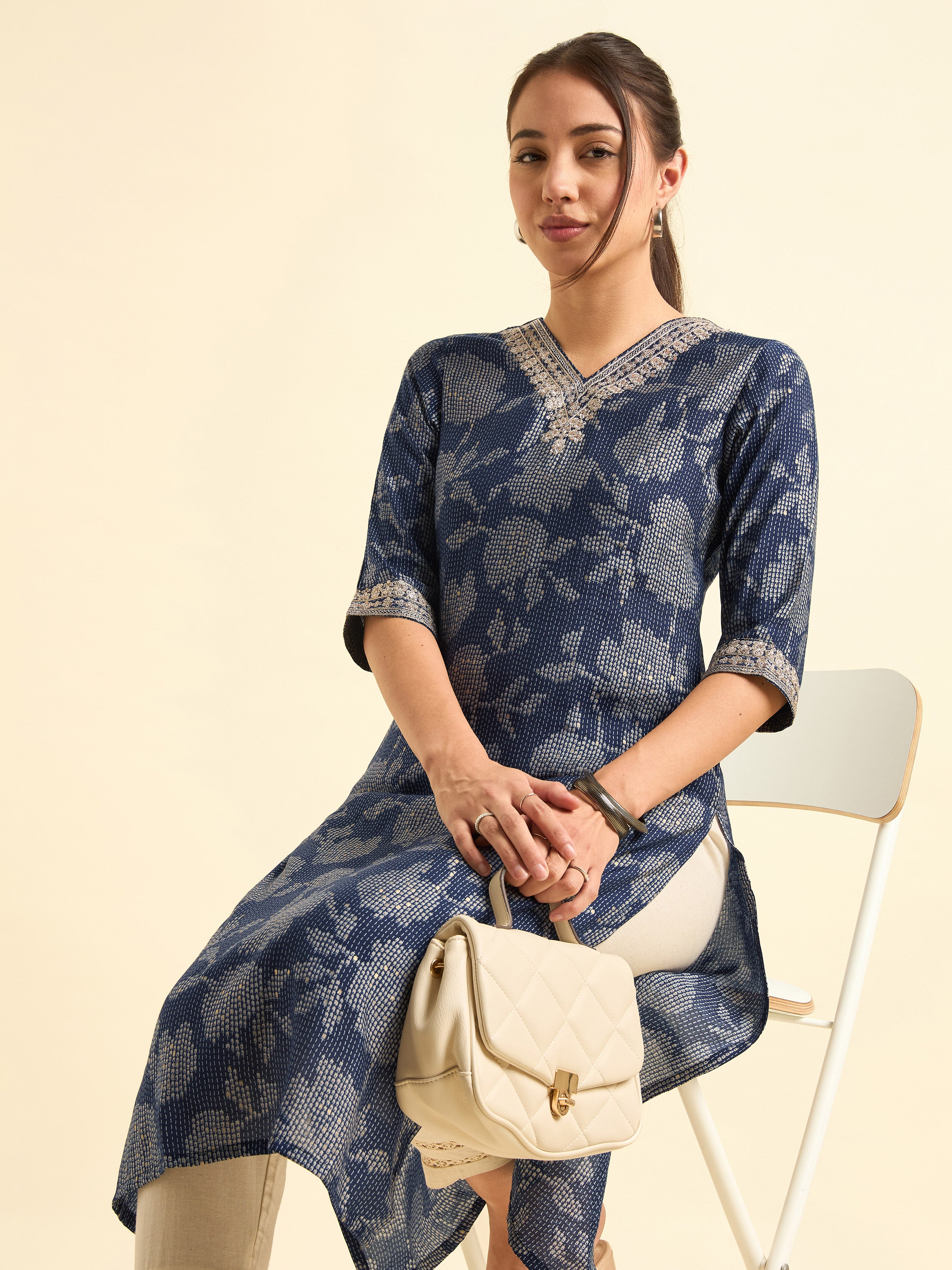 Navy Blue Modal Chanderi Printed Slitted Kurti With Embroidery & Sequins Work