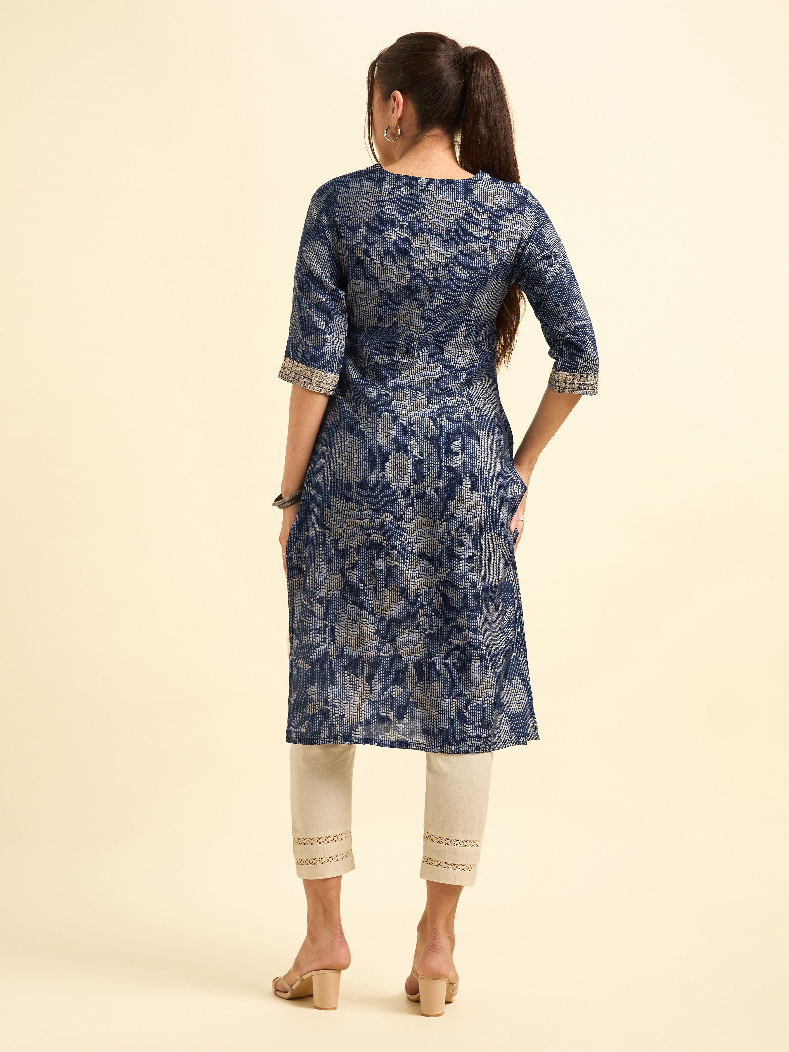 Navy Blue Modal Chanderi Printed Slitted Kurti With Embroidery & Sequins Work