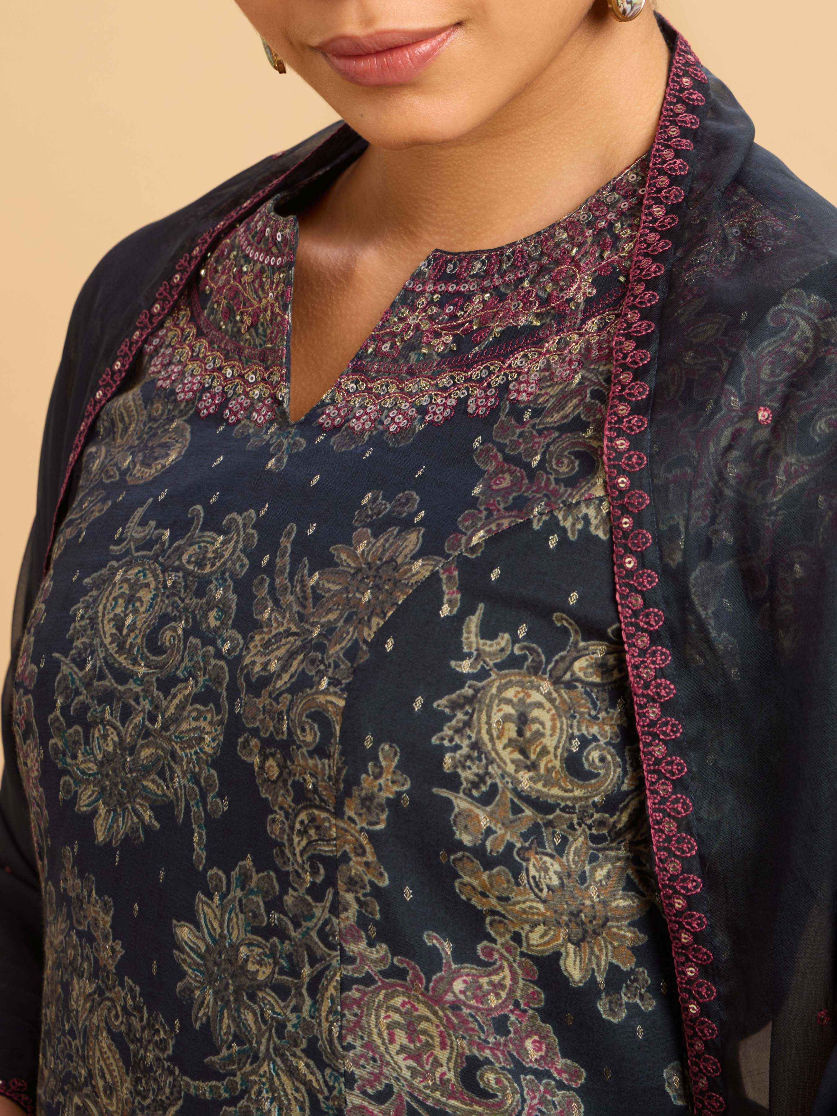 Navy Blue Multi Colour Modal Chanderi Dobby Print Kurti Set With Sequins Embroidery And Sequins Embroidery Dupatta