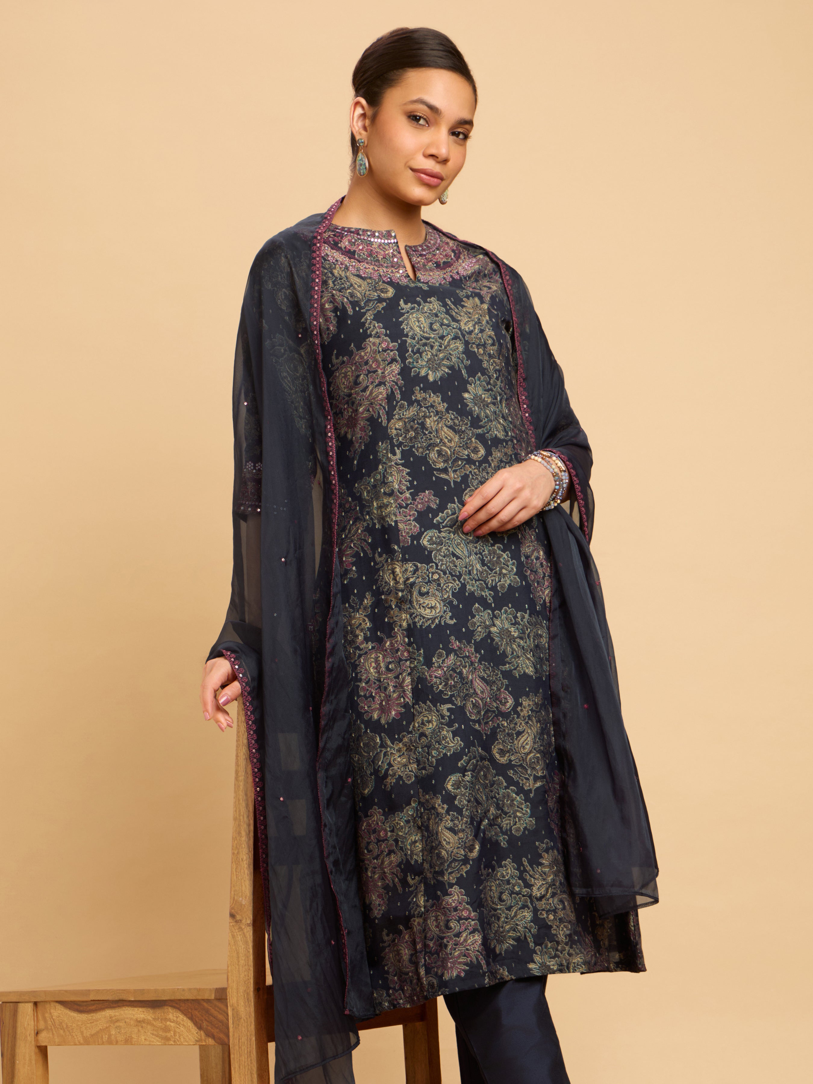 Navy Blue Multi Colour Modal Chanderi Dobby Print Kurti Set With Sequins Embroidery And Sequins Embroidery Dupatta