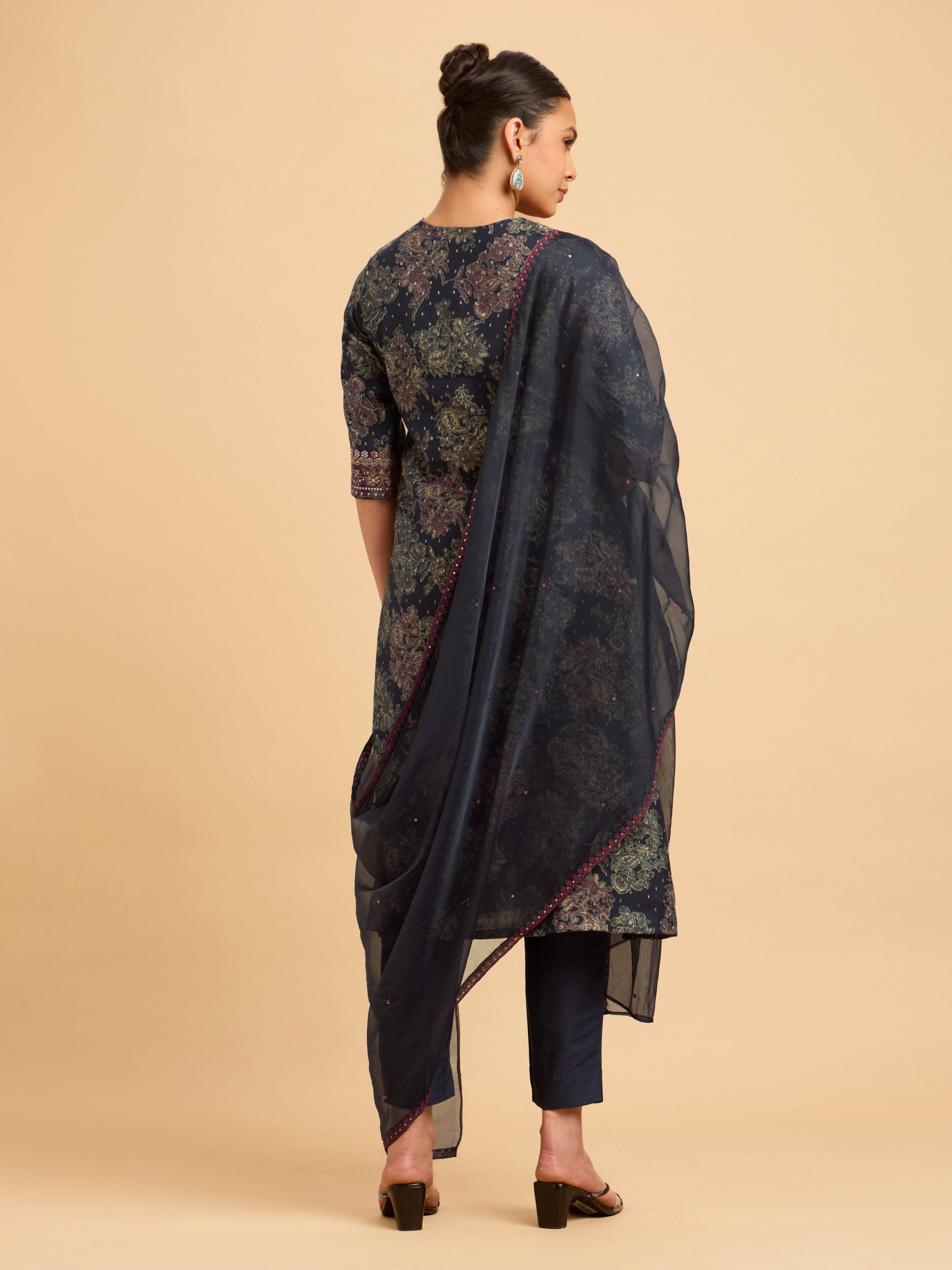 Navy Blue Multi Colour Modal Chanderi Dobby Print Kurti Set With Sequins Embroidery And Sequins Embroidery Dupatta
