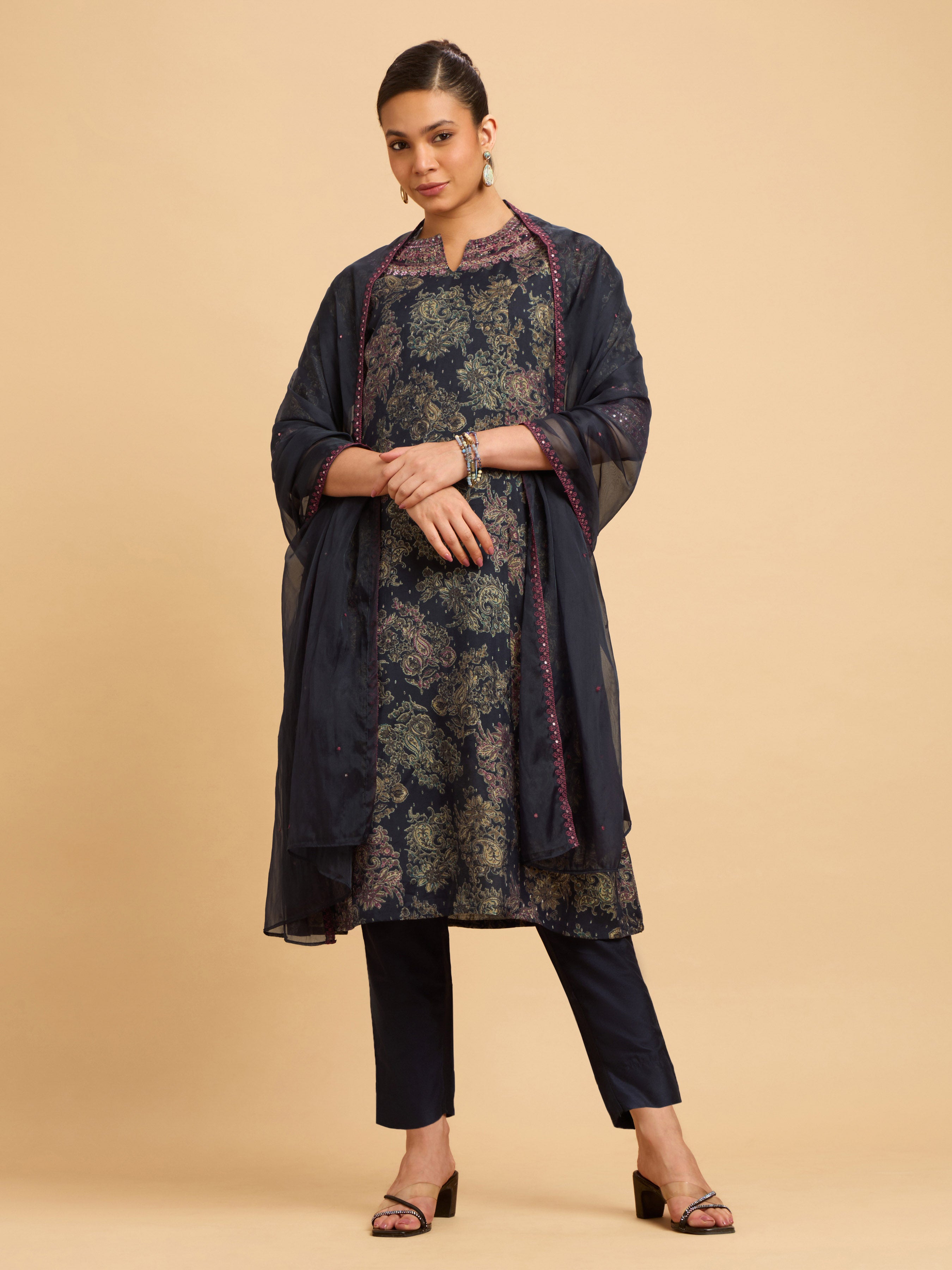 Navy Blue Multi Colour Modal Chanderi Dobby Print Kurti Set With Sequins Embroidery And Sequins Embroidery Dupatta