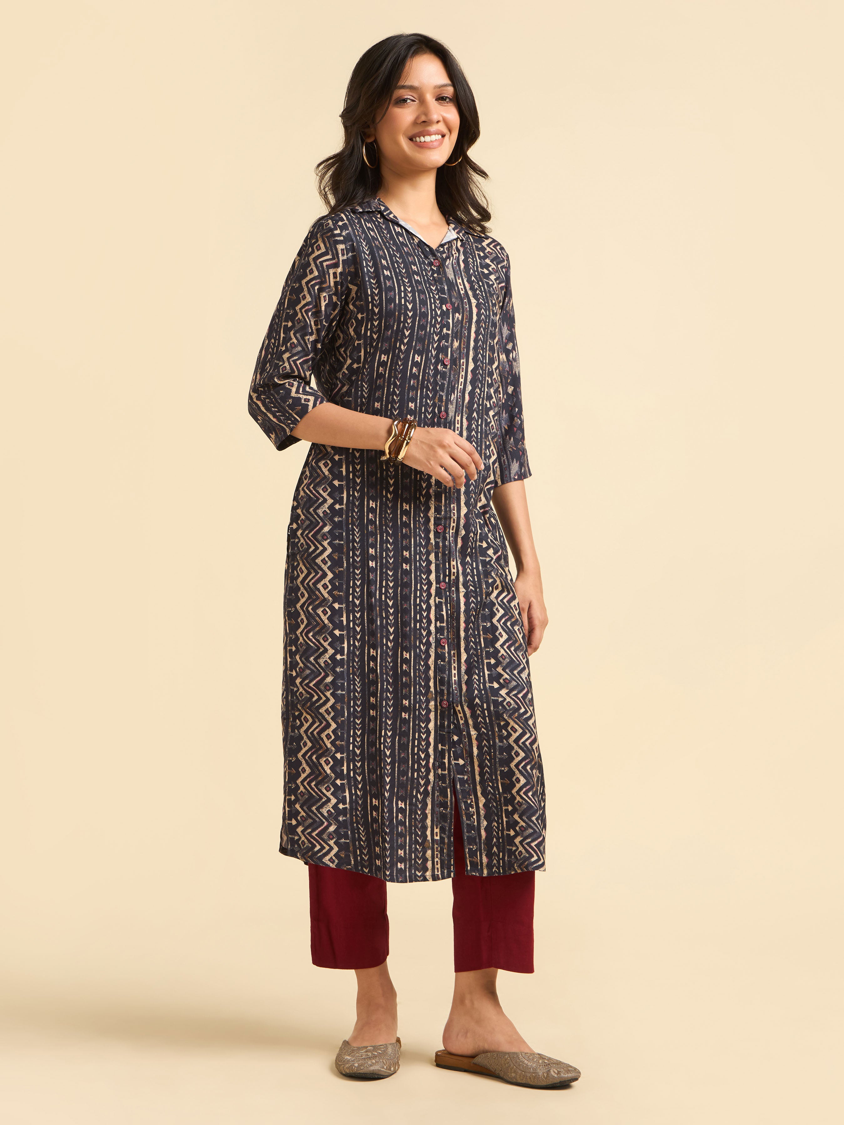 Navy Blue Multi Colour Viscose Printed Kurti With Contrast Buttons