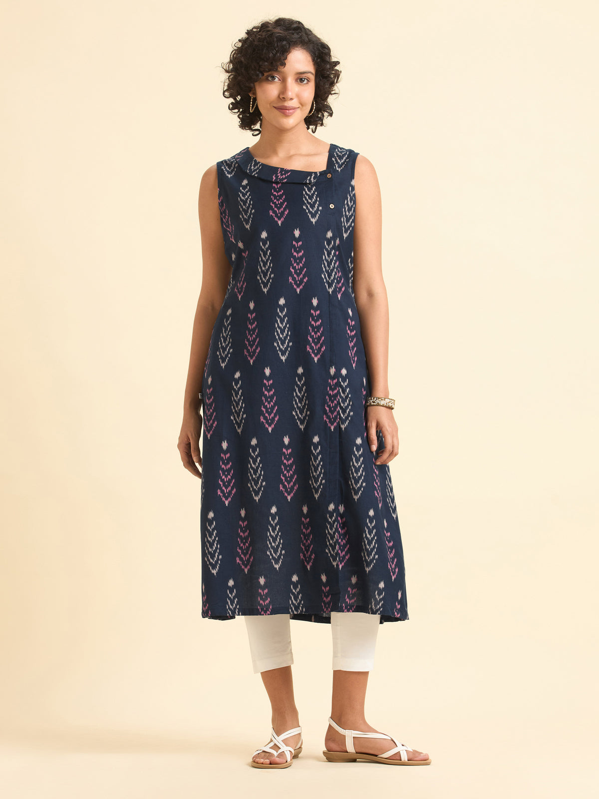 Navy Blue Multicolour Cottonflax Kurti