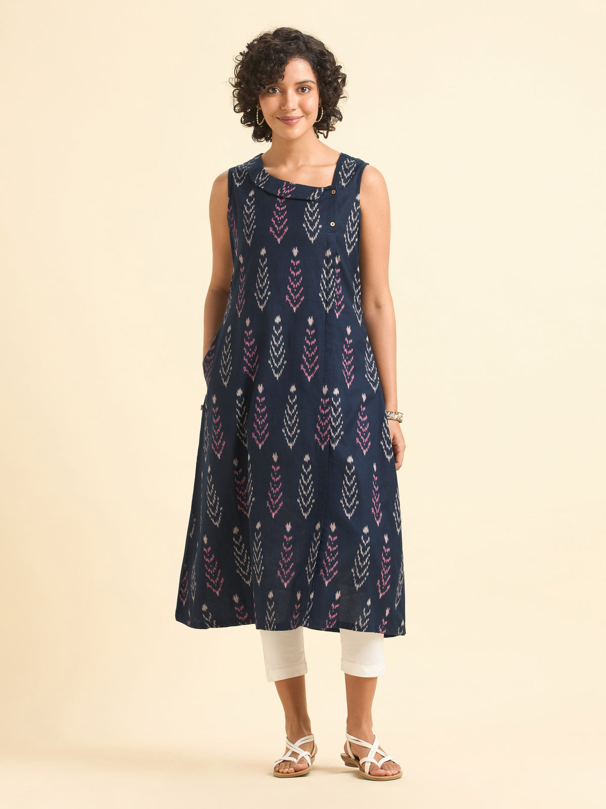 Navy Blue Multicolour Cottonflax Kurti