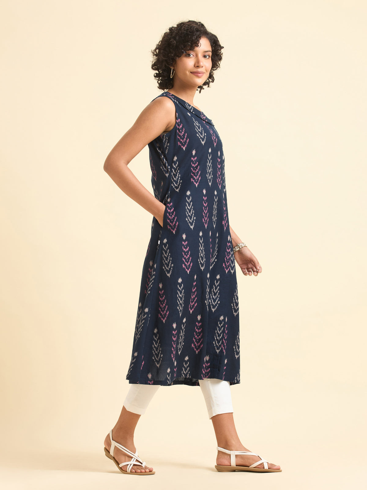 Navy Blue Multicolour Cottonflax Kurti