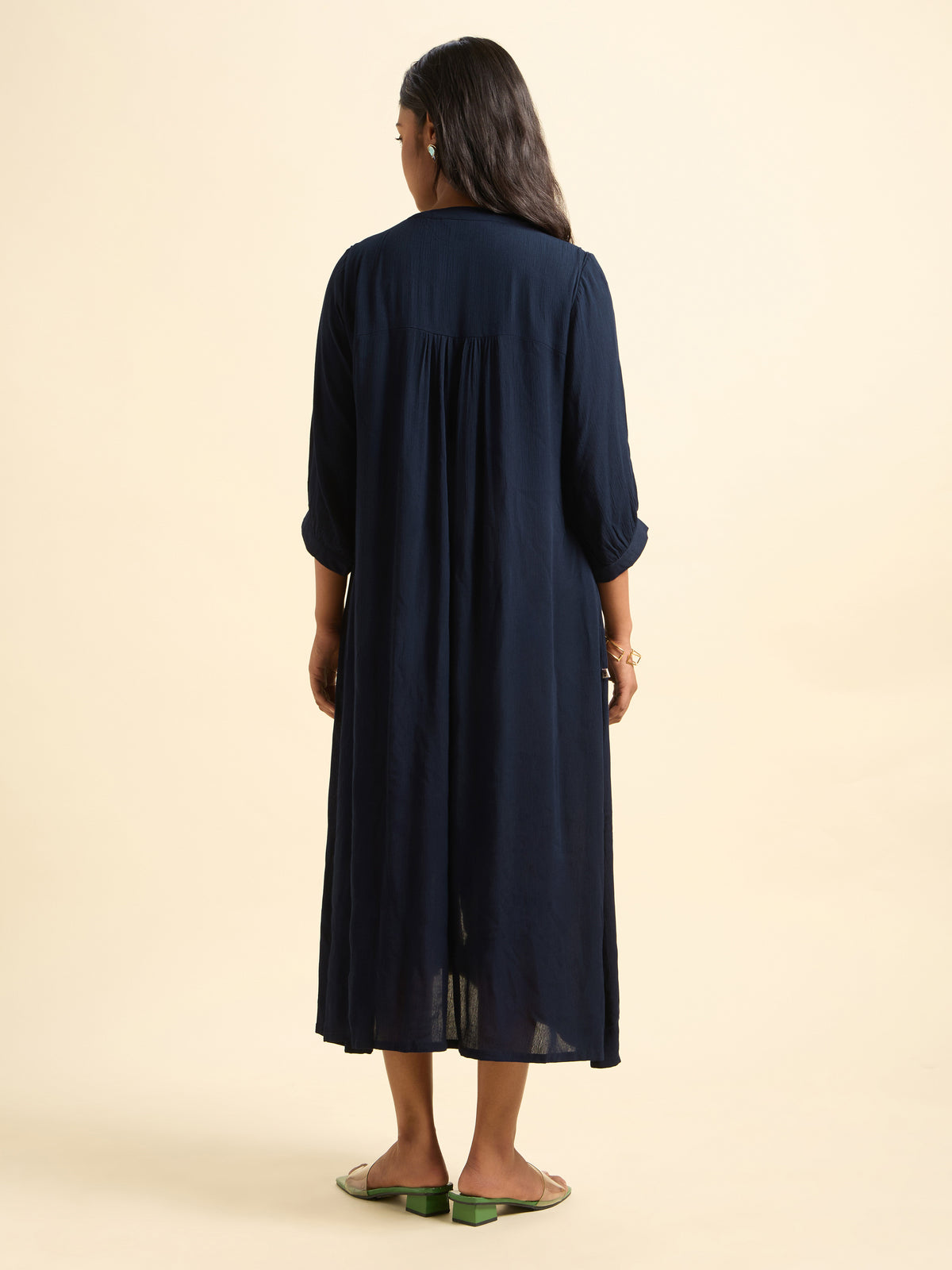 Navy Blue Wrinkle Viscose Plain Flared Kurti With Honeycomb Pleat Detailing