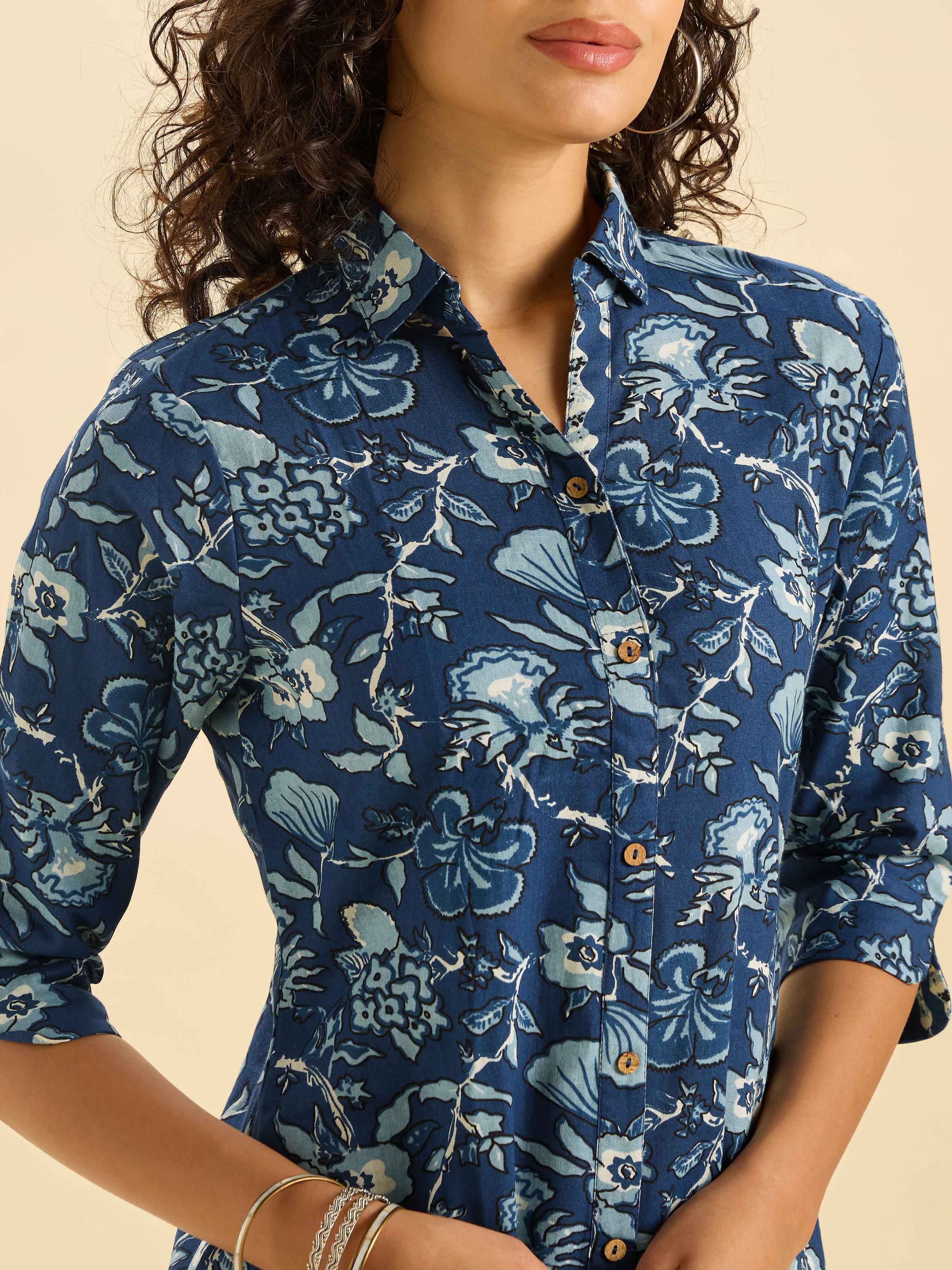 Navy Blue And Multi Colour Cotton Flax Printed Kurti Set