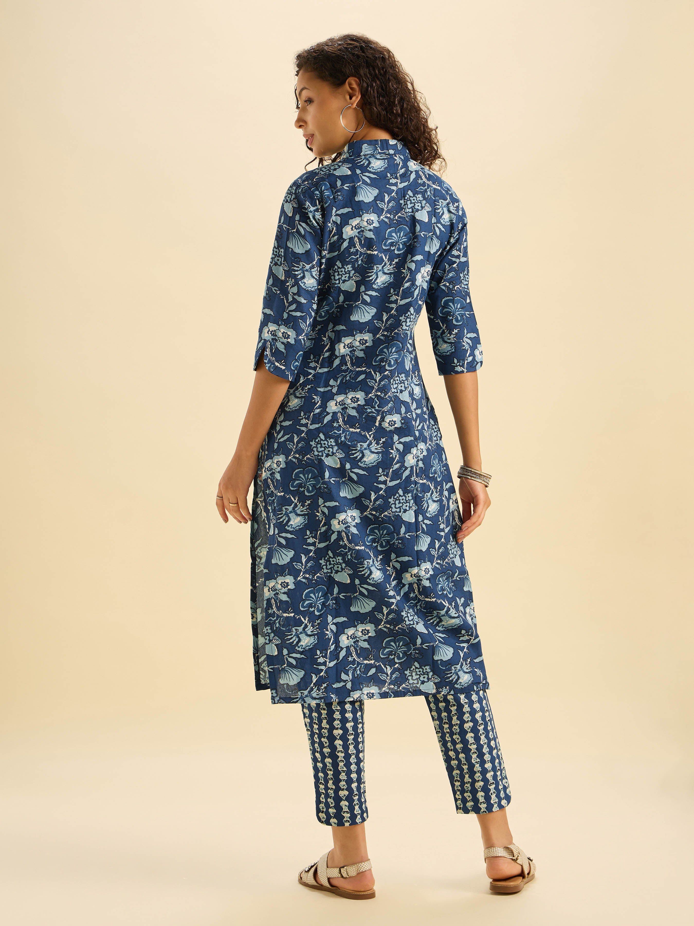 Navy Blue And Multi Colour Cotton Flax Printed Kurti Set