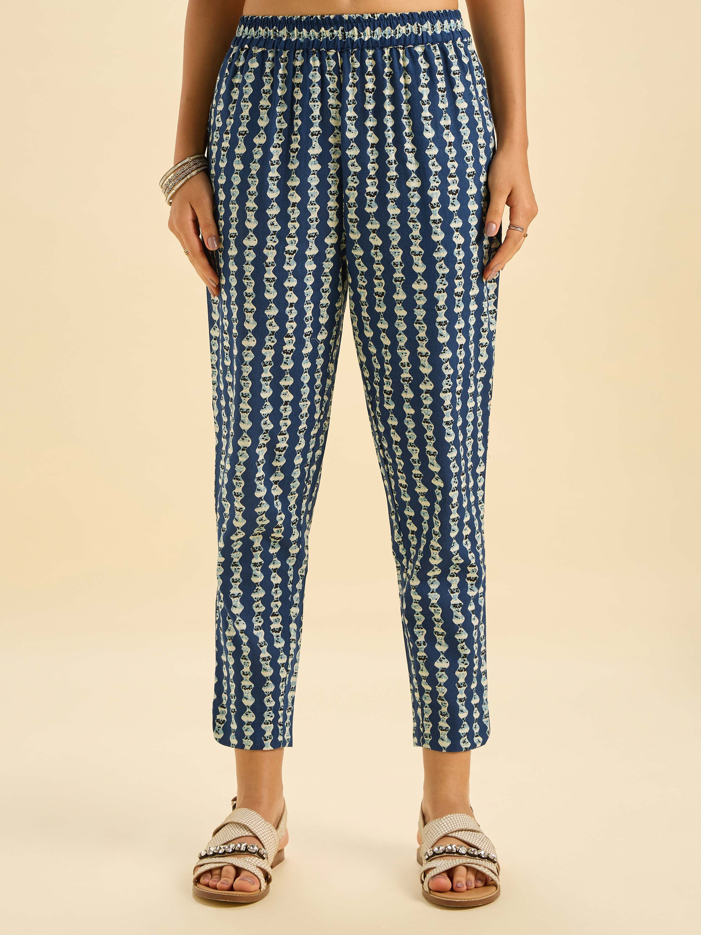 Navy Blue And Multi Colour Cotton Flax Printed Kurti Set