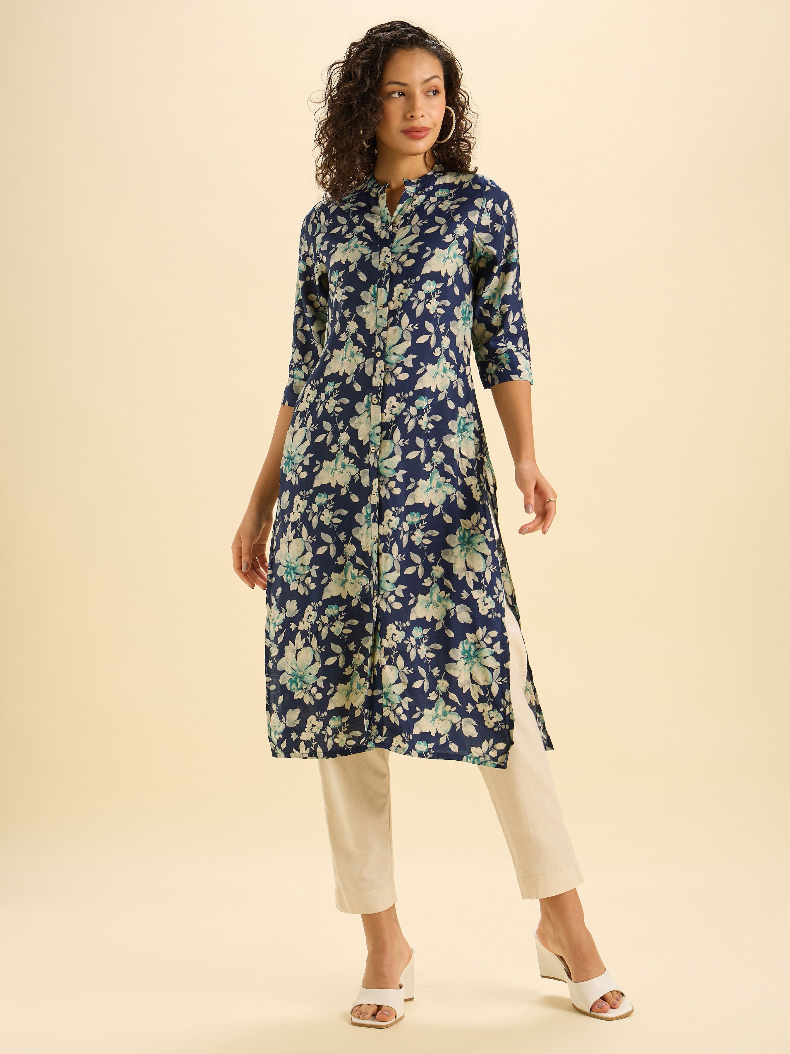 Navy Multi Colour Modal Chanderi Printed Slited Kurti