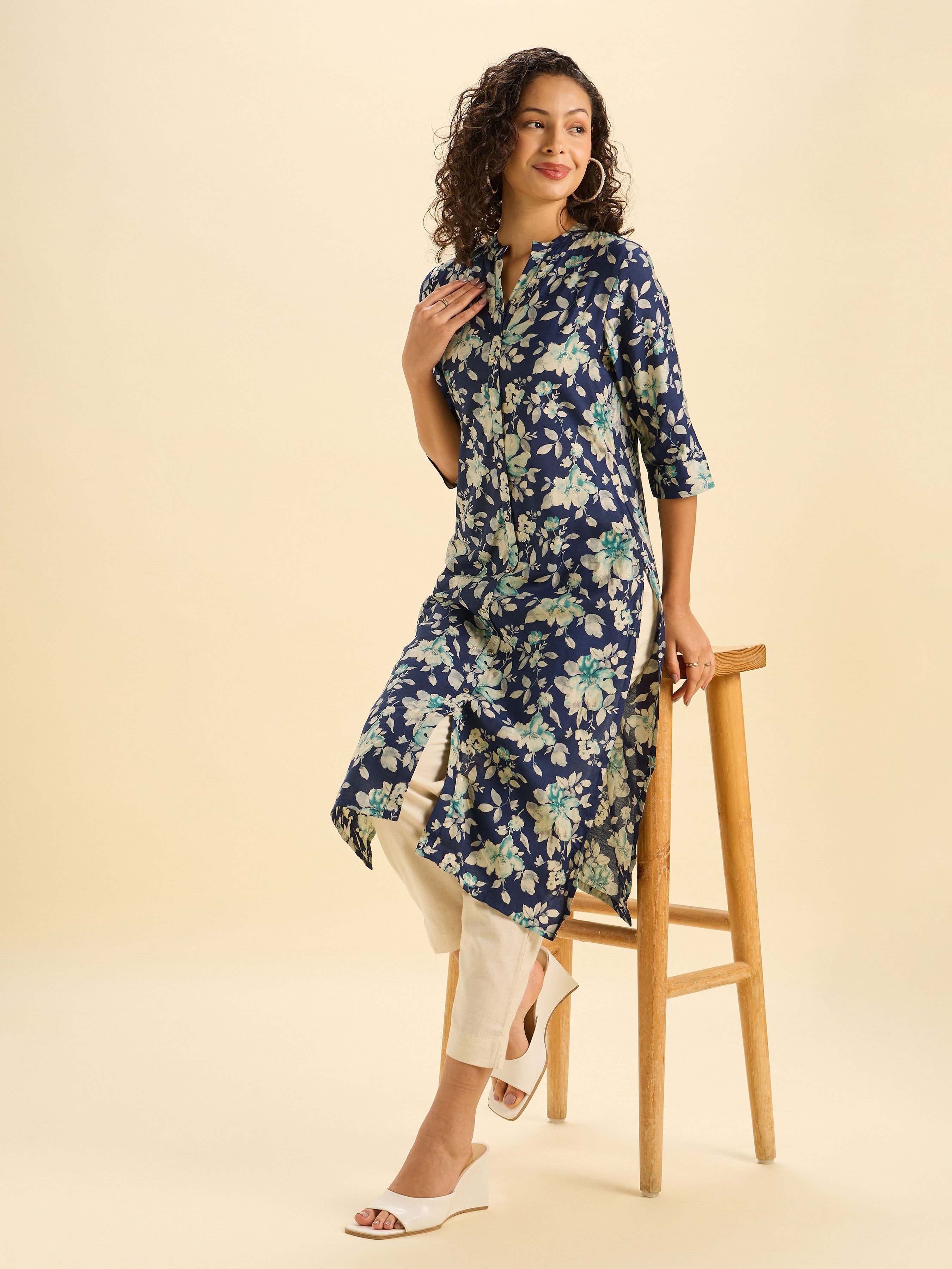 Navy Multi Colour Modal Chanderi Printed Slited Kurti