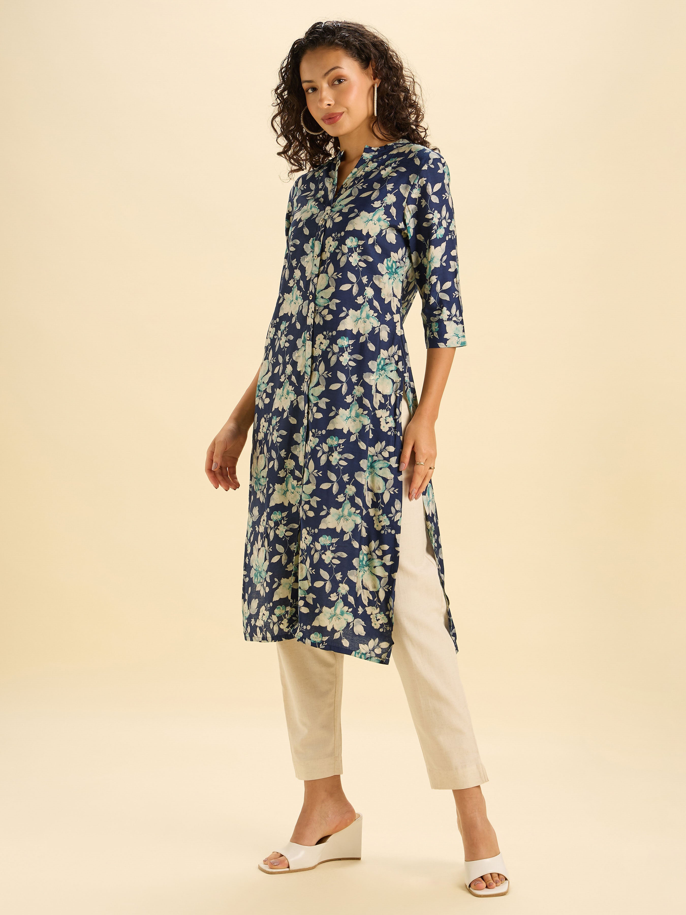 Navy Multi Colour Modal Chanderi Printed Slited Kurti