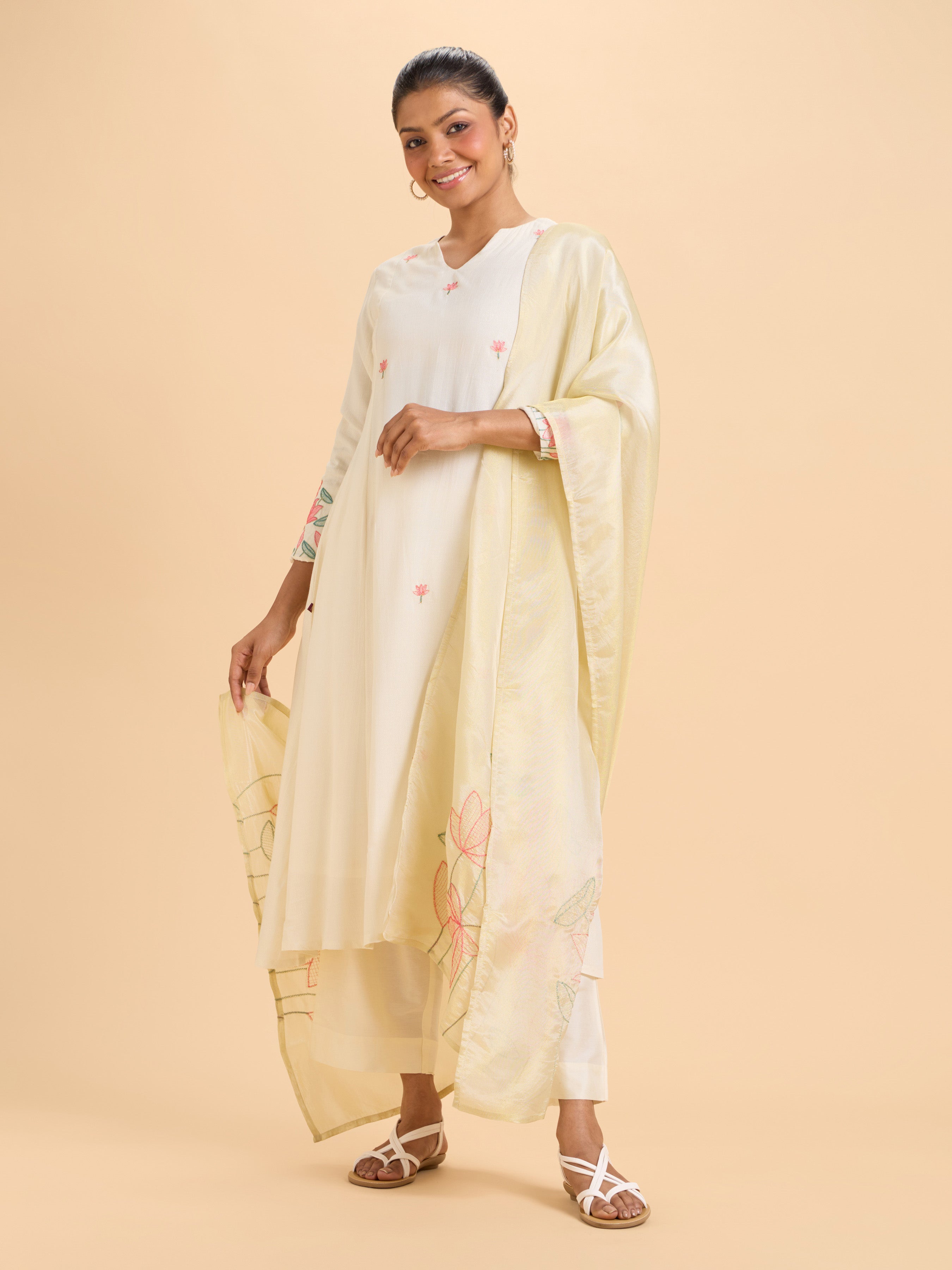 Off White Viscose Shimmer Plain Flared Kurti Set With Duppatta And Sequins Embroidery