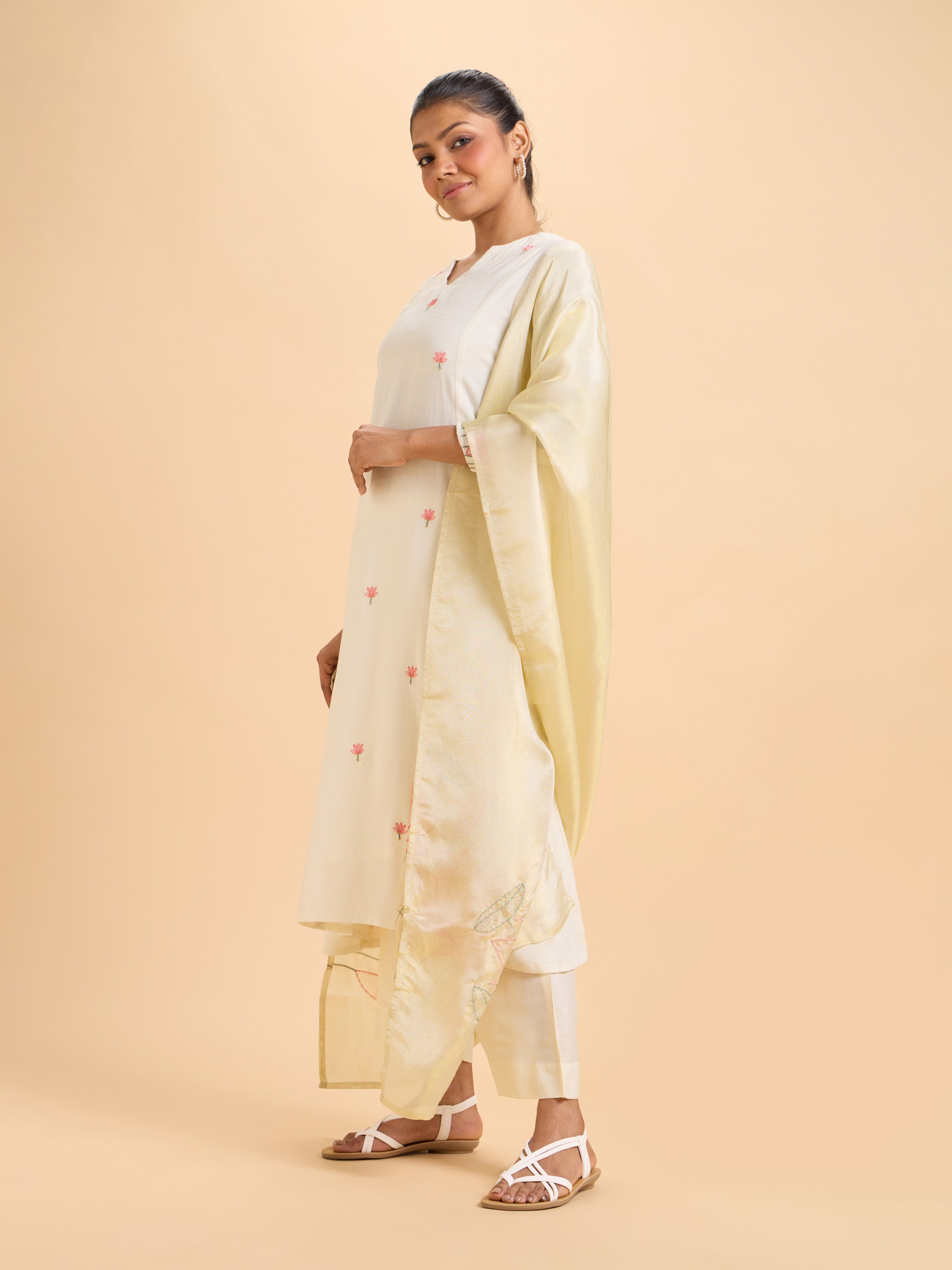 Off White Viscose Shimmer Plain Flared Kurti Set With Duppatta And Sequins Embroidery