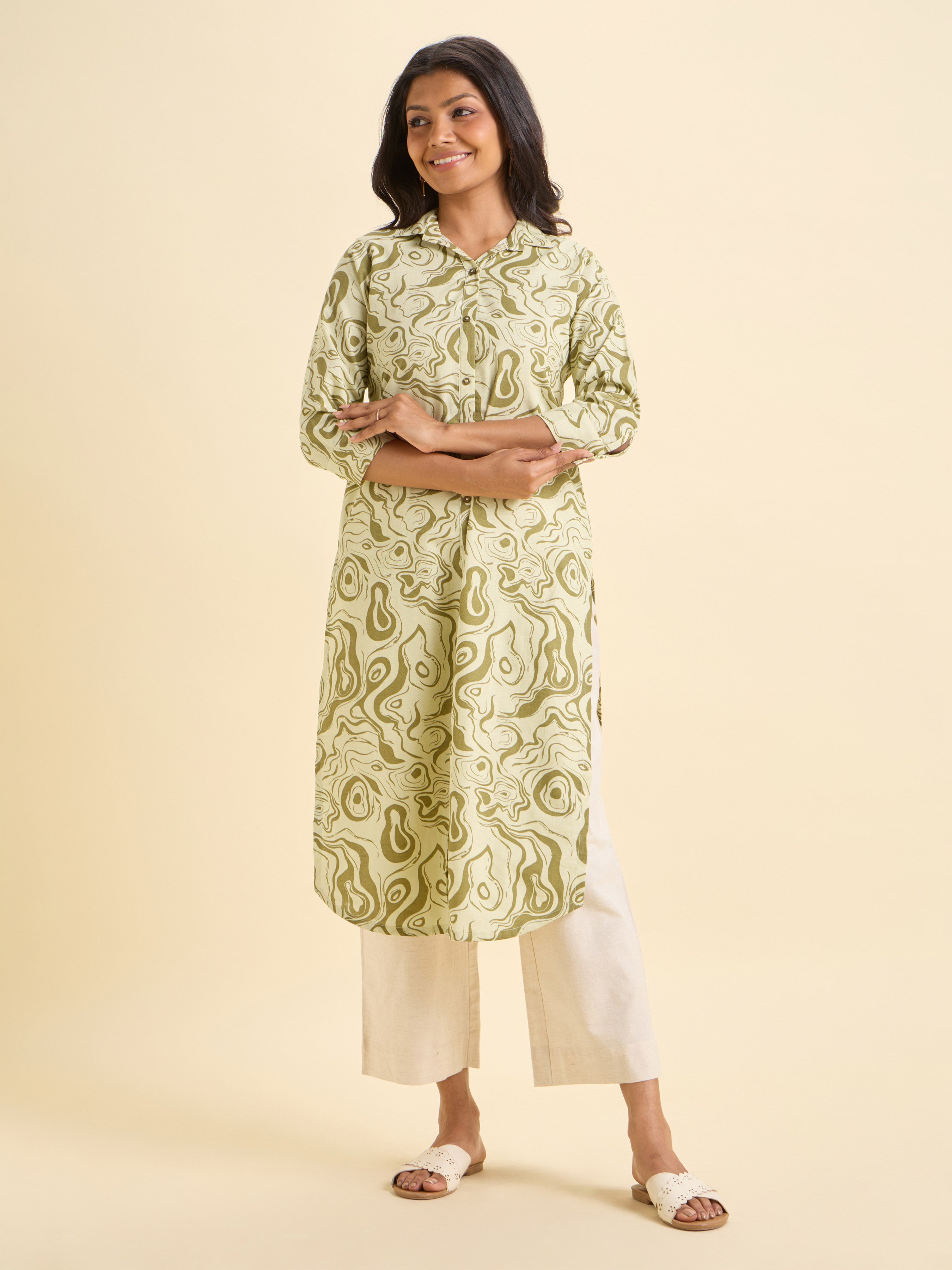 Olive Green Cotton Flax Printed SlittedKurti With Hem Line