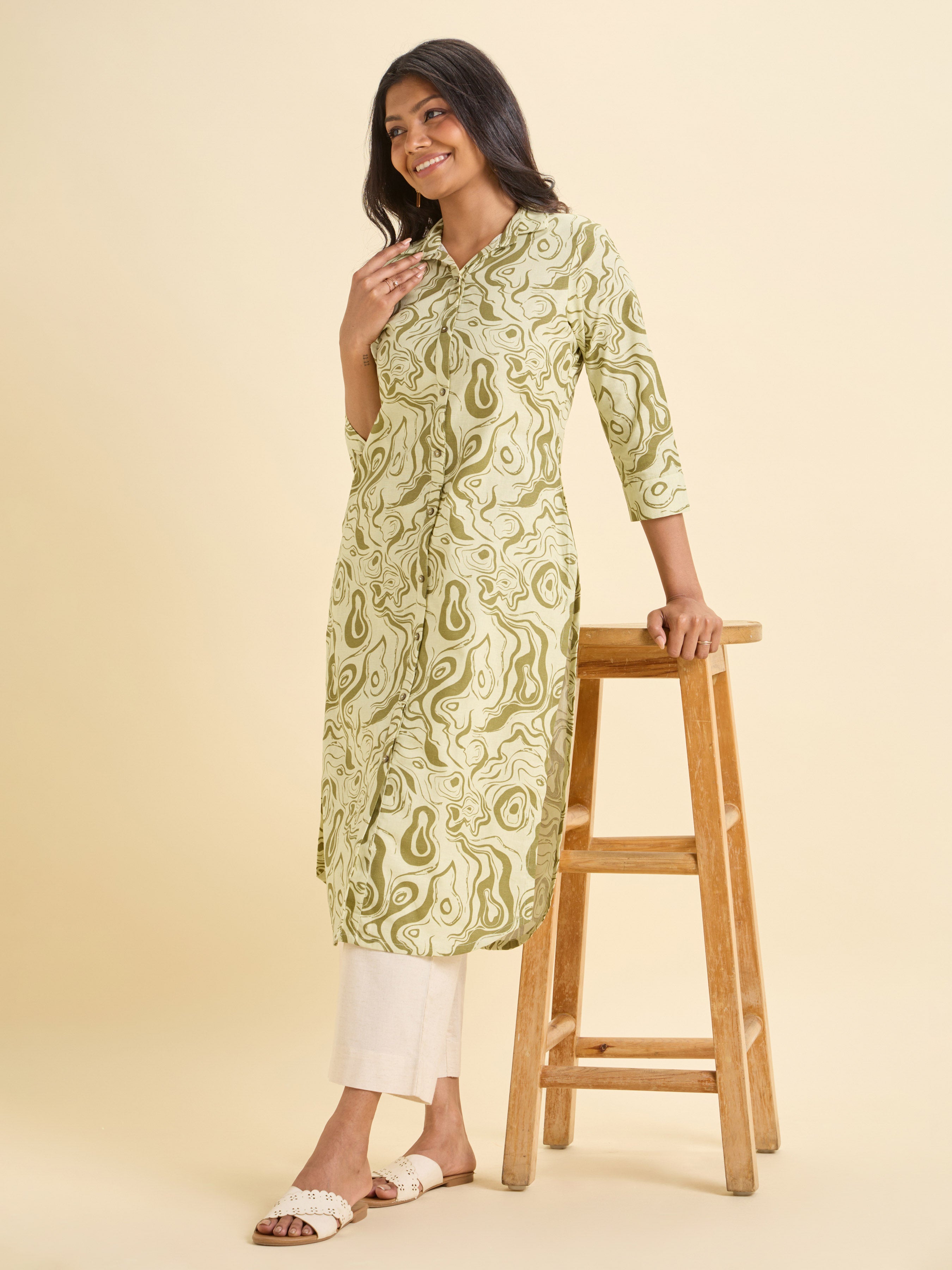 Olive Green Cotton Flax Printed SlittedKurti With Hem Line