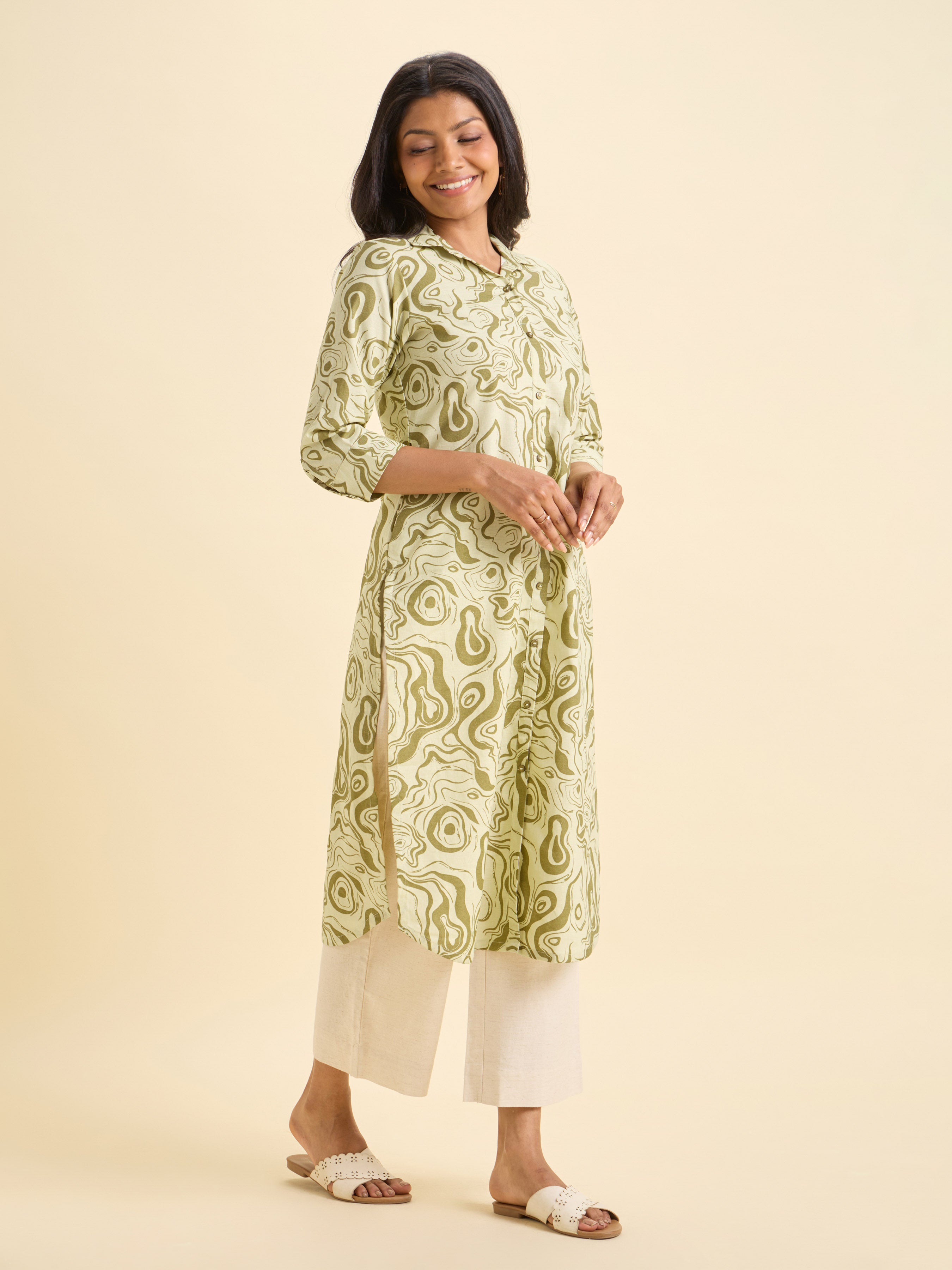 Olive Green Cotton Flax Printed SlittedKurti With Hem Line