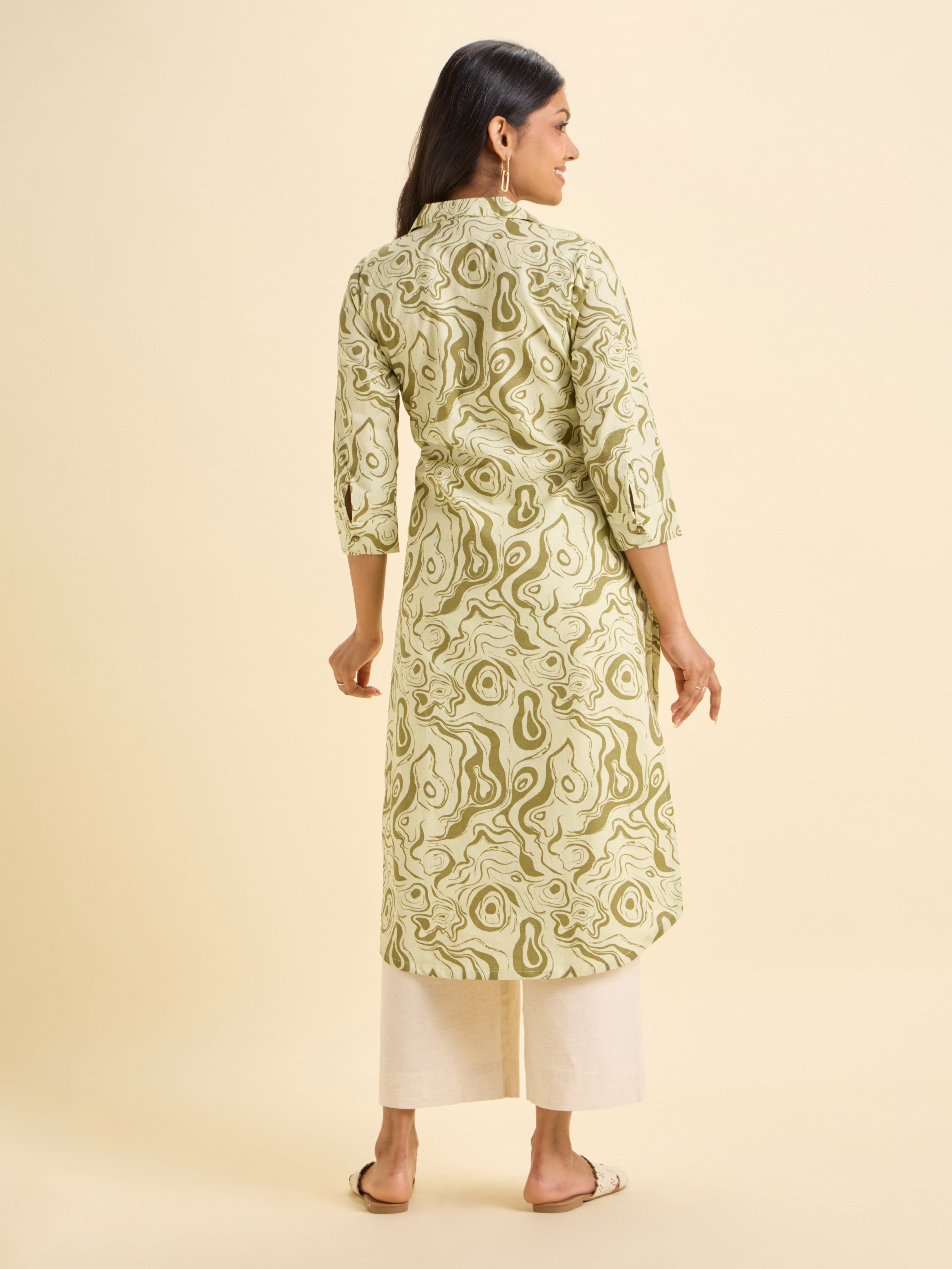 Olive Green Cotton Flax Printed SlittedKurti With Hem Line